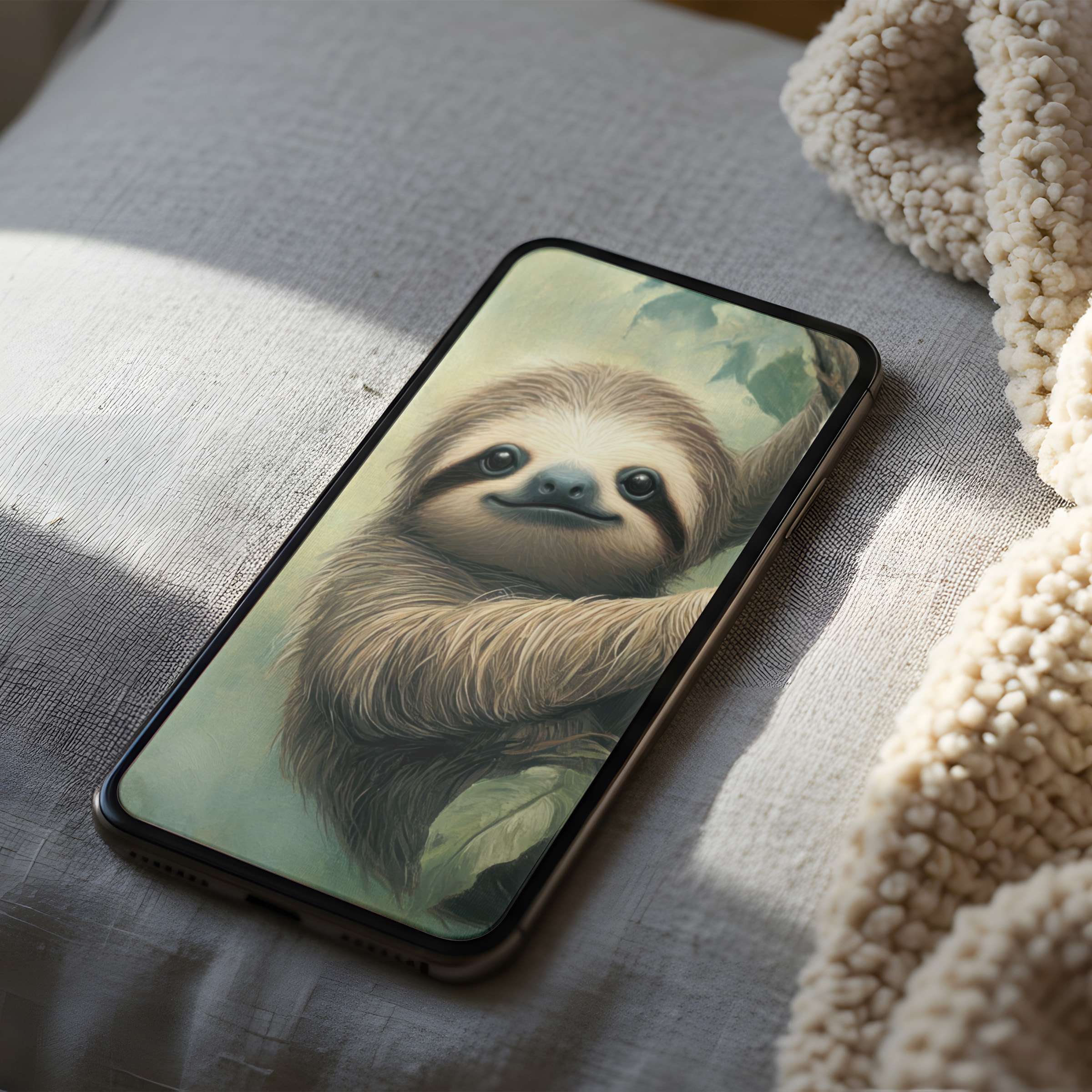 Calm sloth-themed phone wallpaper with serene colors in high resolution offers elegance for iPhone and android digital download