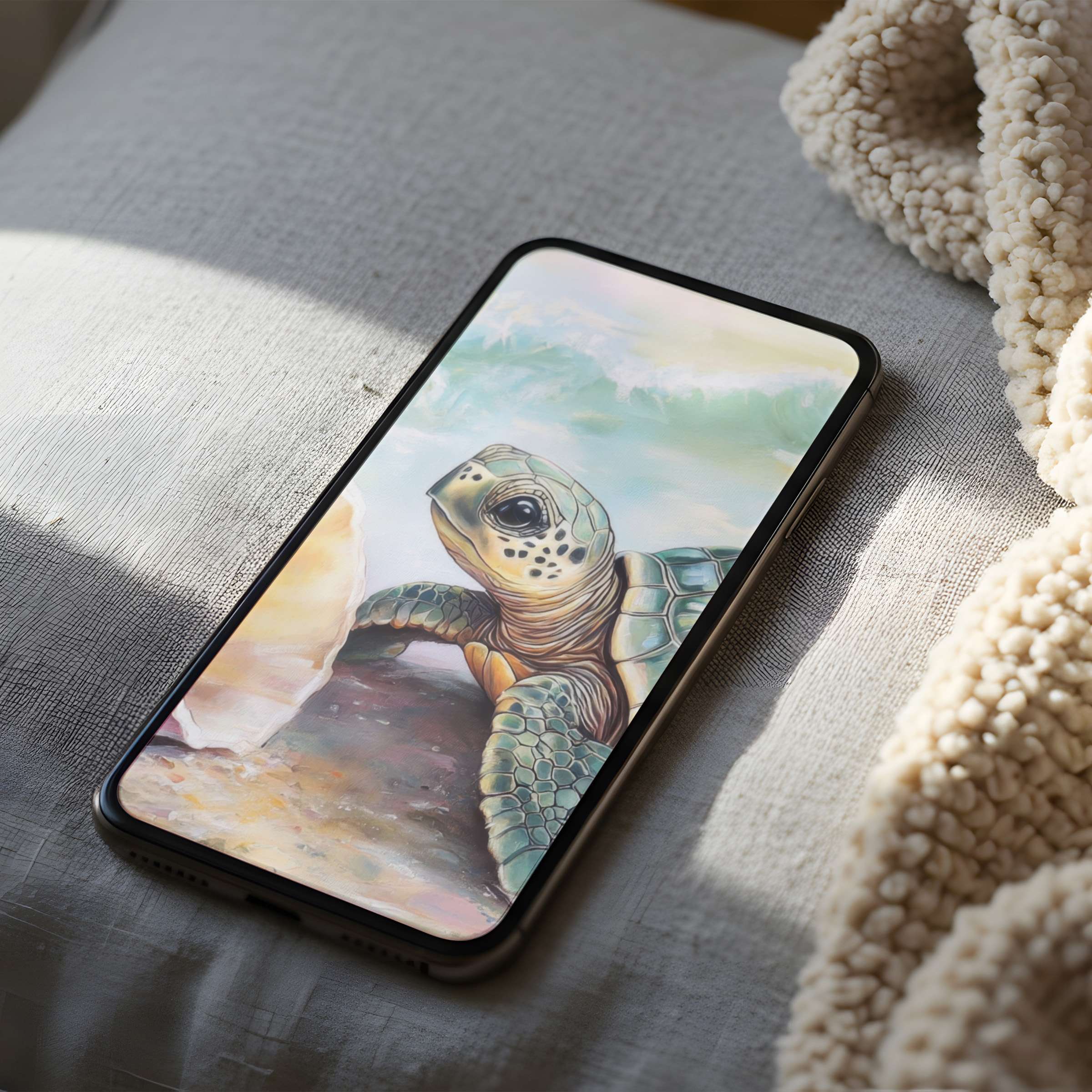 Turtle-themed phone wallpaper showcasing serene beach art, perfect for calm vibes on high resolution, sustainable digital download devices