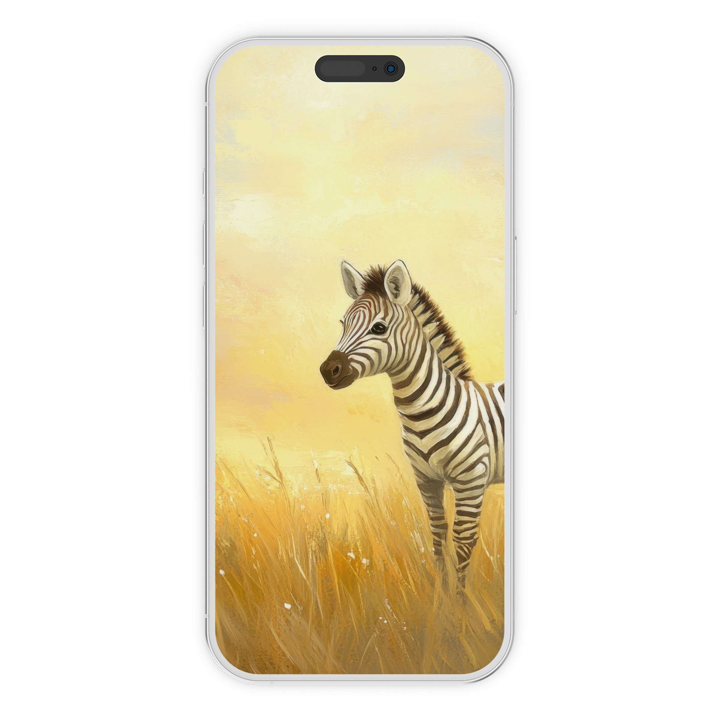 Warm yellow tones and a serene zebra create a calming nursery iPhone wallpaper background perfect for digital download on phone devices
