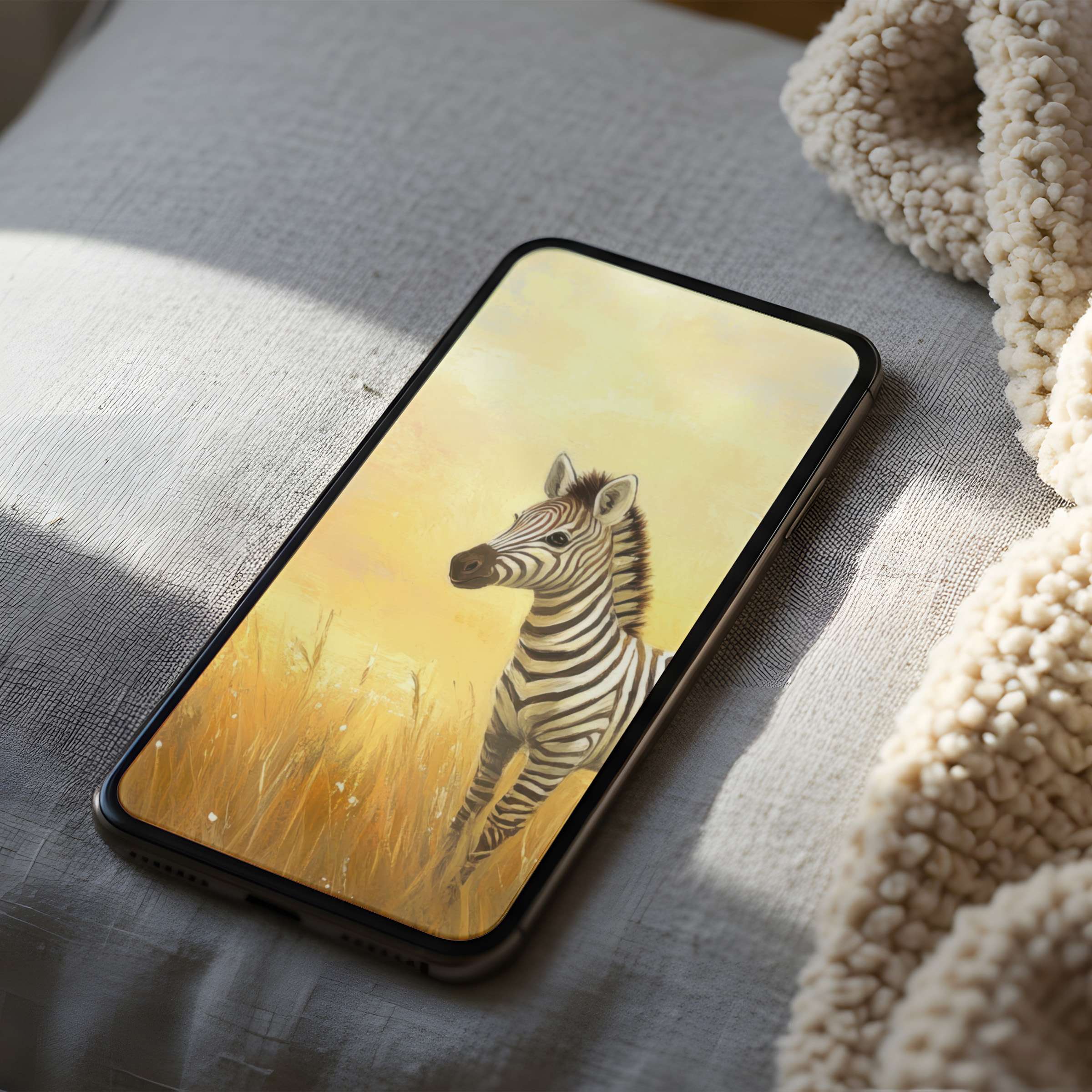 Elegant zebra art on phone wallpaper in soft yellows, perfect for iPhone or Android, enhancing digital calm and style