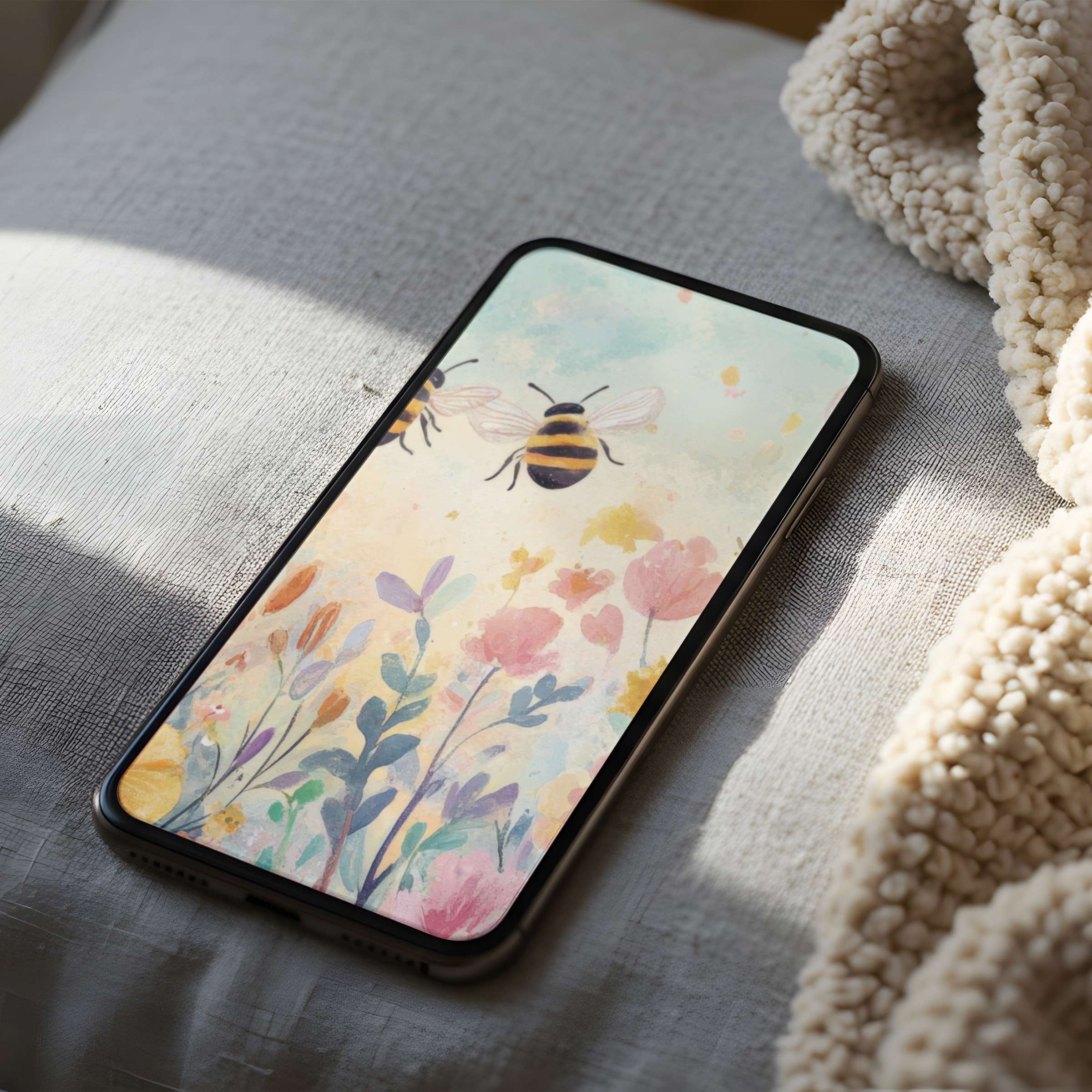 Elegant watercolor phone wallpaper with bees and flowers, perfect for iPhone or Android download, inspiring calm and aesthetic beauty