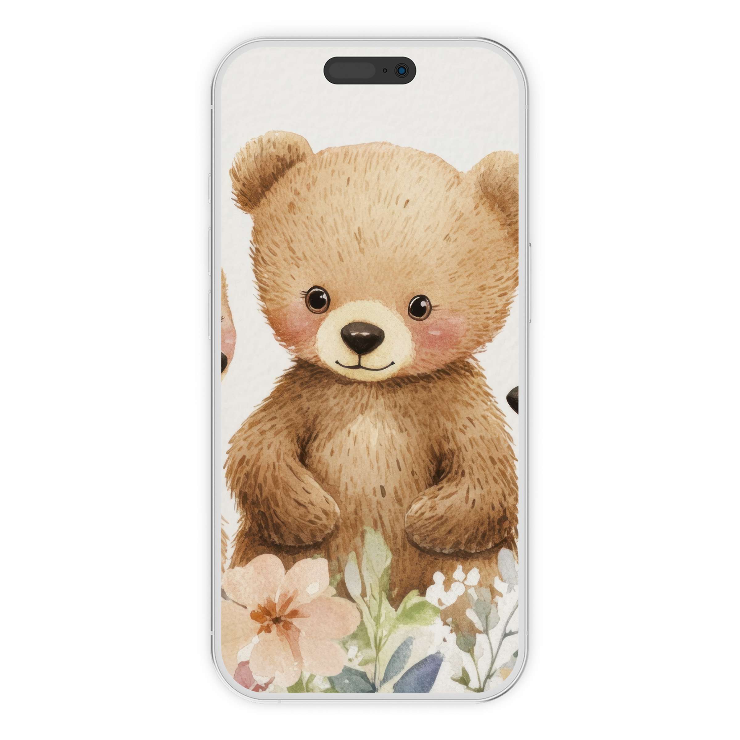 Charming nursery iPhone wallpaper with watercolor bear and florals offers a soothing phone background for digital download