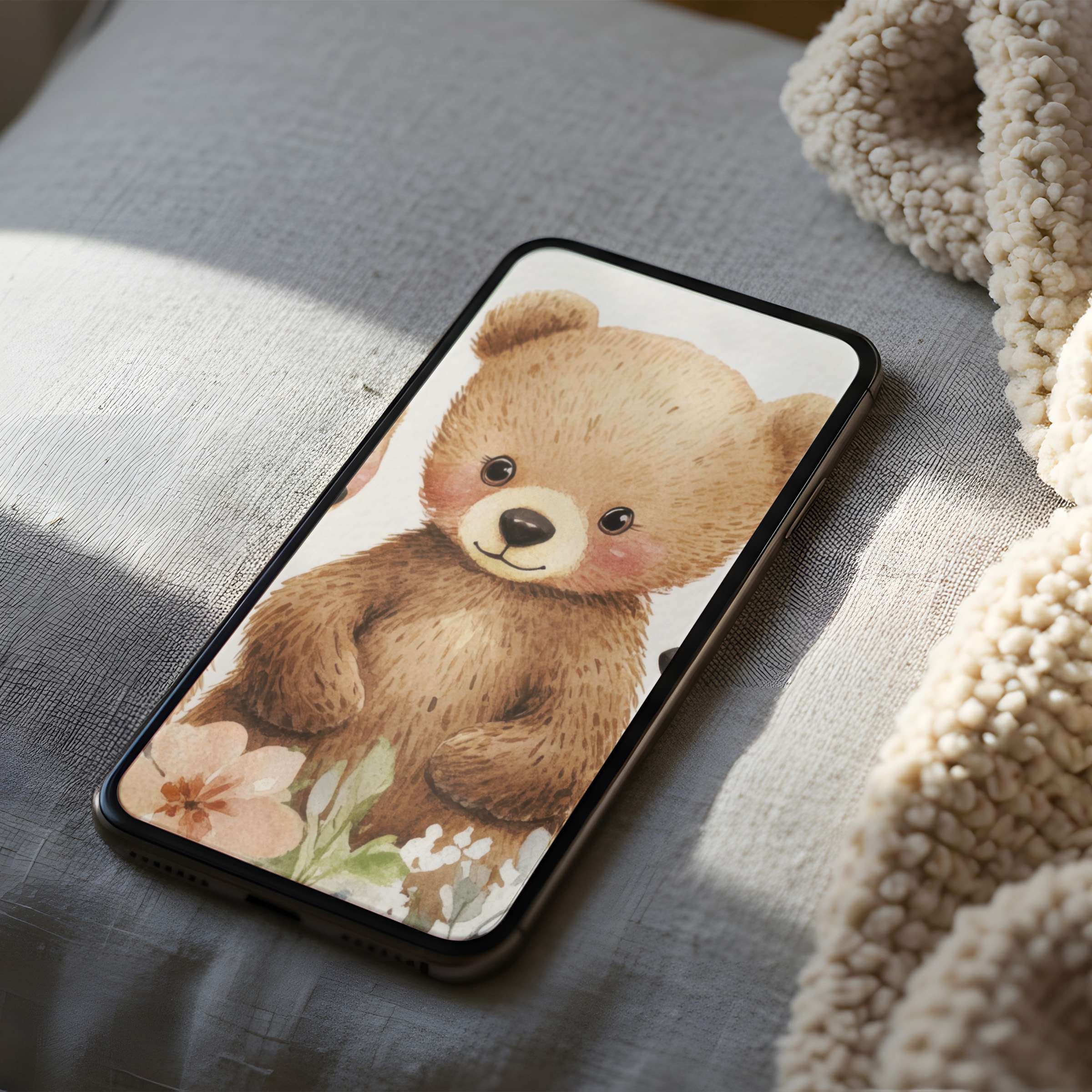 Cozy phone wallpaper featuring a whimsical bear in soft earth tones brings warmth and charm to your high-resolution iPhone screen download