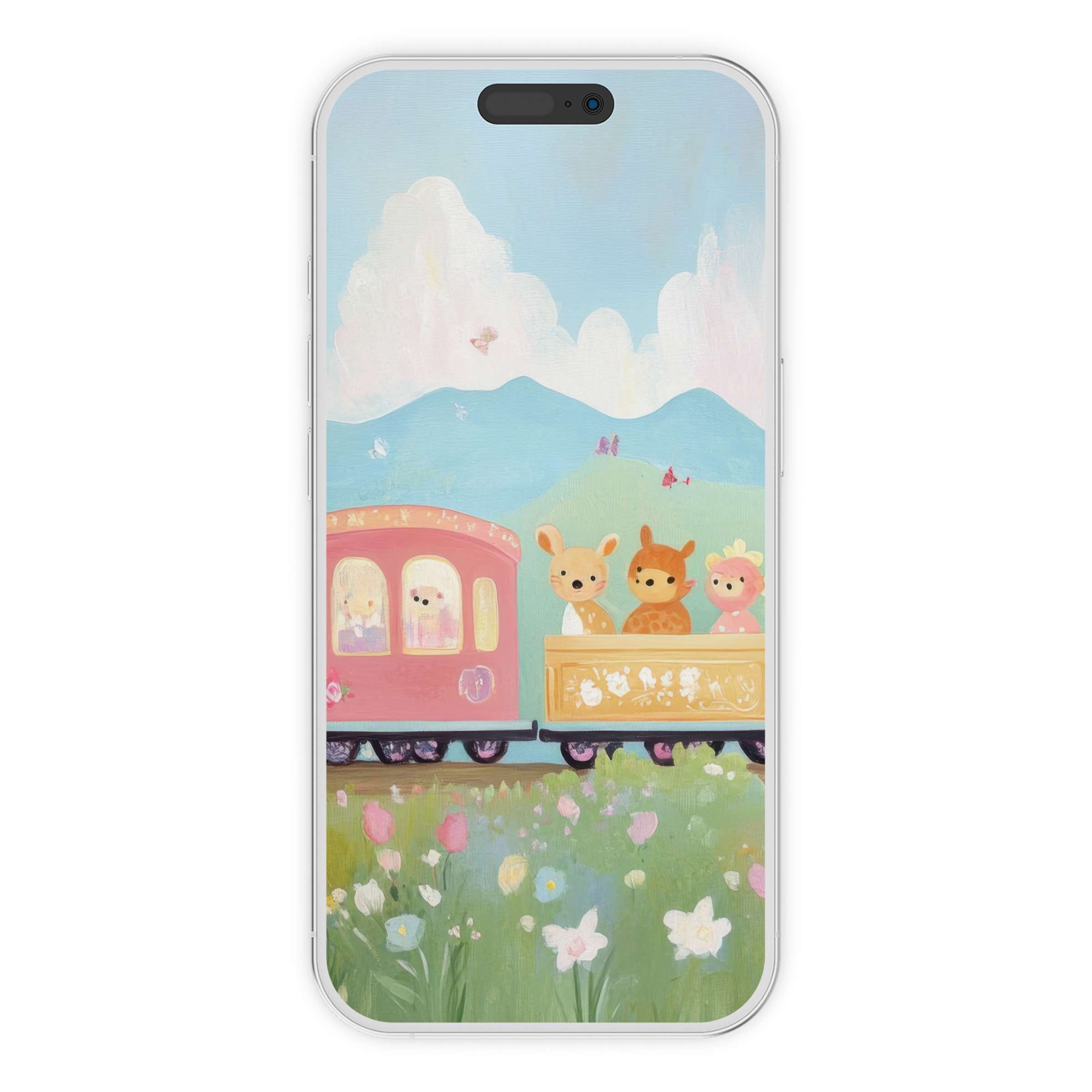 Whimsical nursery iPhone wallpaper featuring pastel wildlife train on a serene digital download phone background for comfort and style