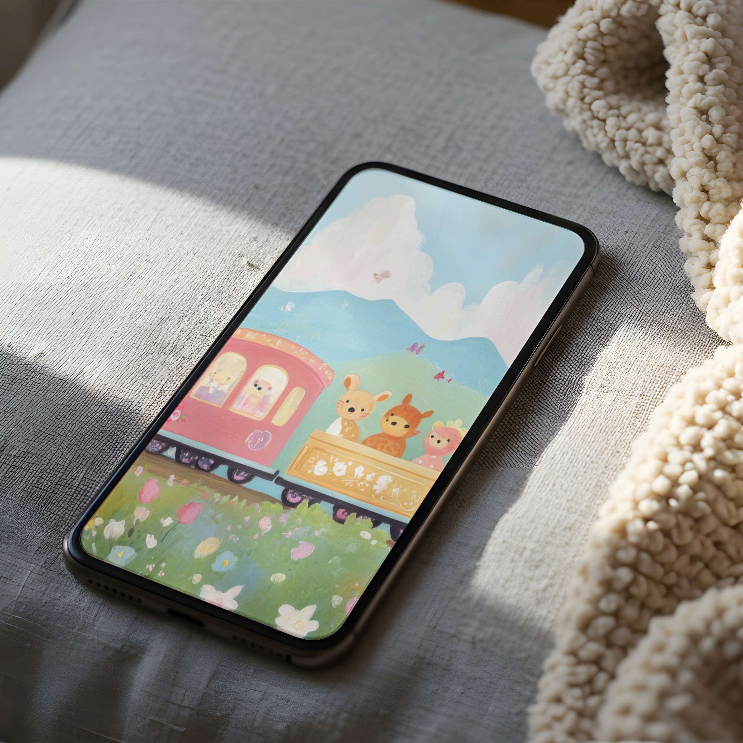 Charming phone wallpaper with playful animal train over serene mountain landscape ideal for iPhone digital download in high resolution