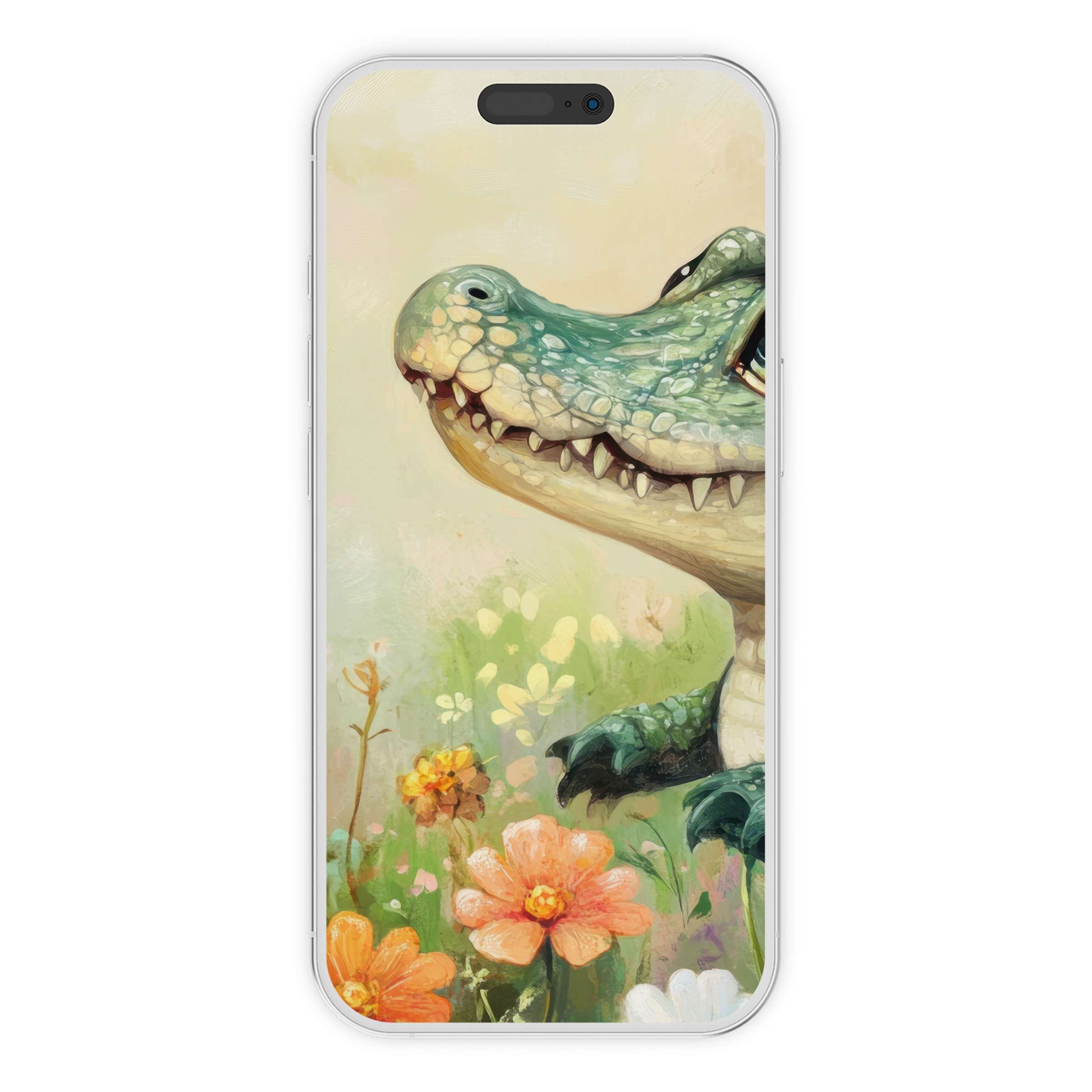 Charming nursery iPhone wallpaper featuring a whimsical alligator in a floral meadow offers a soothing digital download phone background suitable for all devices