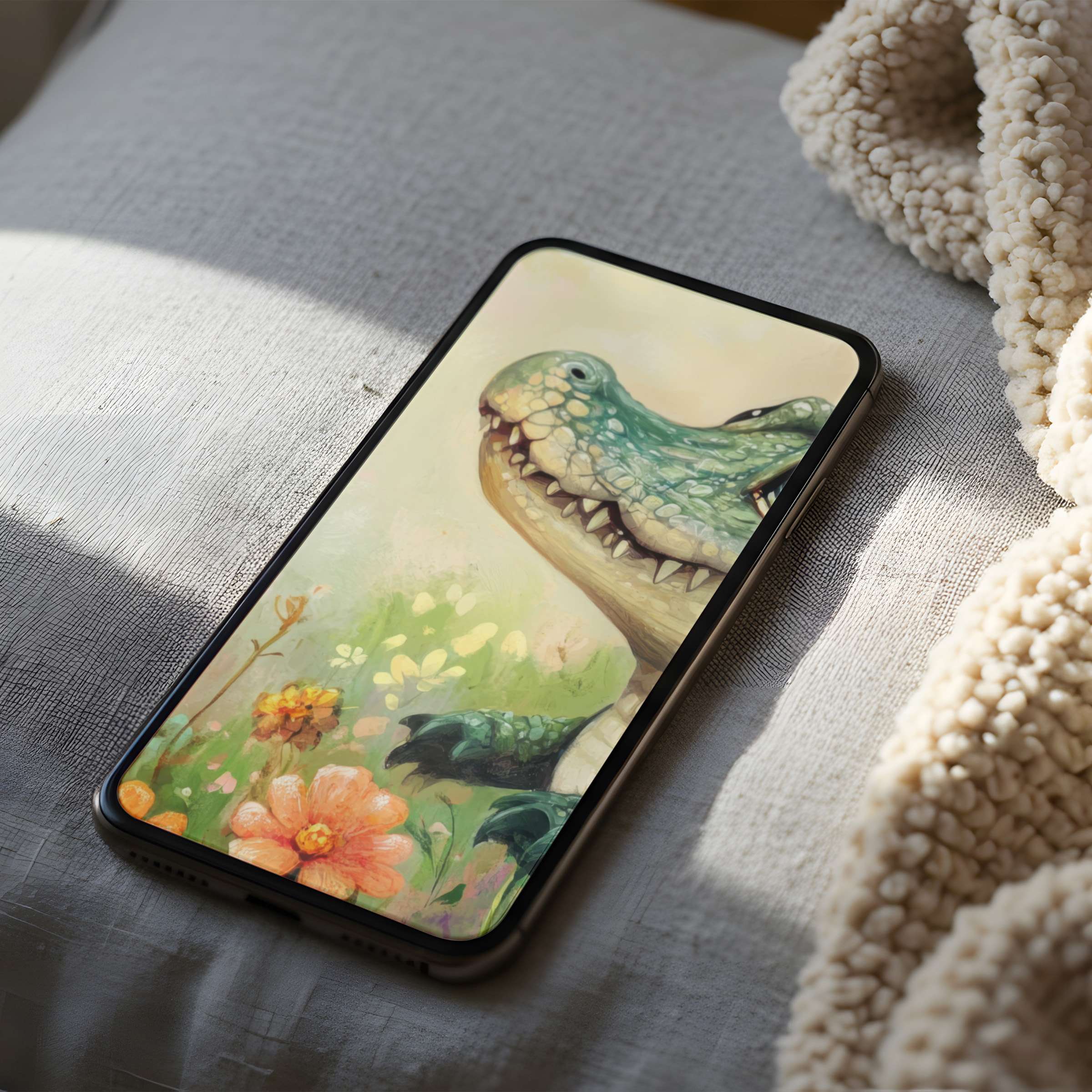 Elegant phone wallpaper featuring a whimsical crocodile amidst serene pastels and florals on high resolution suitable for iPhone download