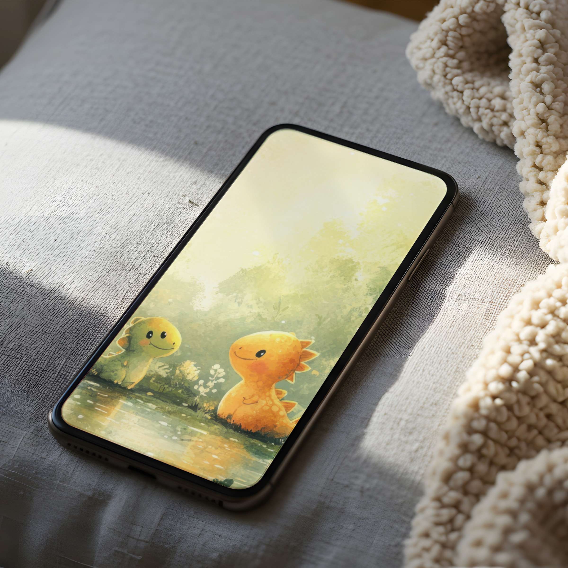 Calming phone wallpaper featuring whimsical creatures in soft pastel greens and golds suitable for iPhone and Android digital download
