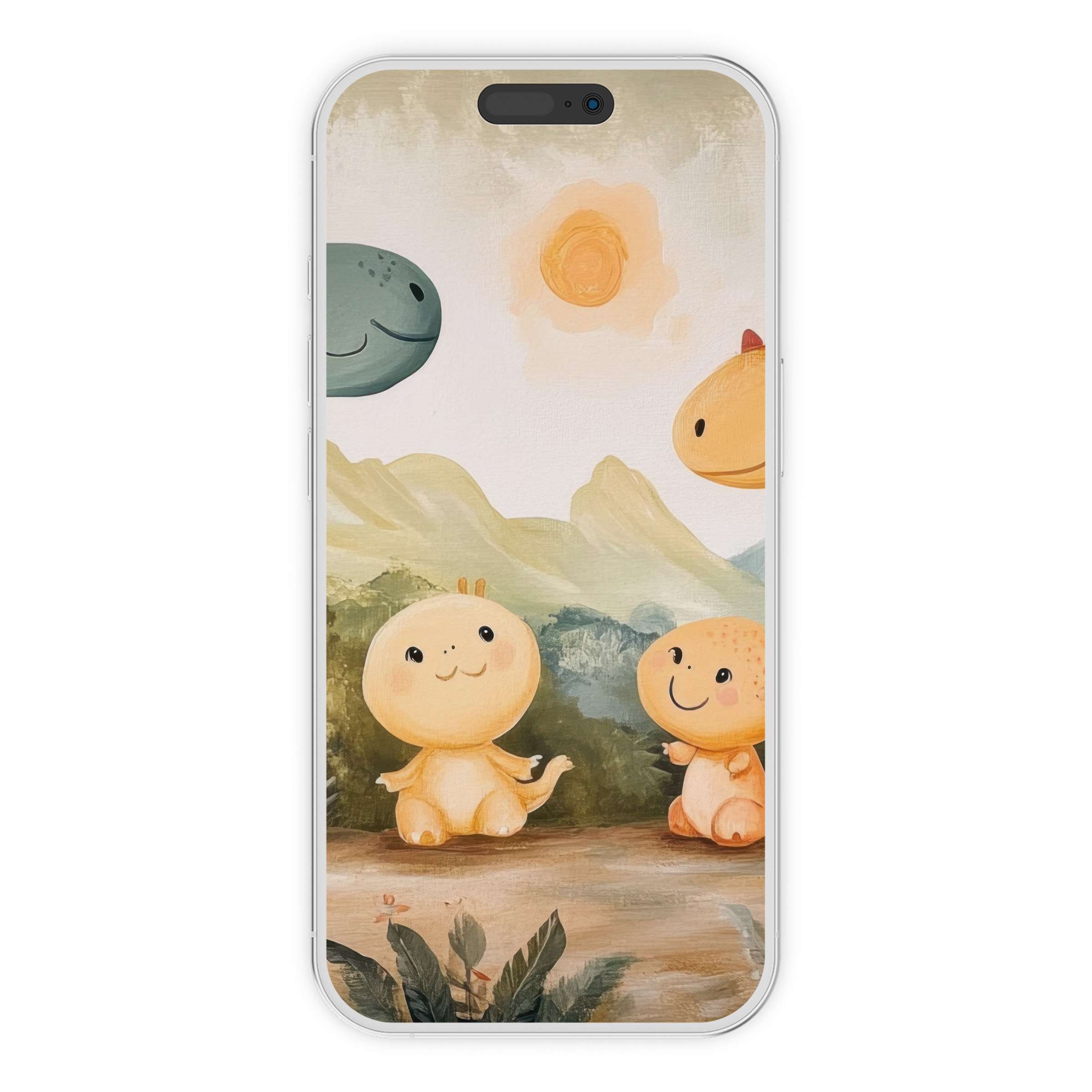 Nursery iPhone wallpaper with serene pastel dinosaurs under a warm sun; digital download creates a calming phone background for Android too