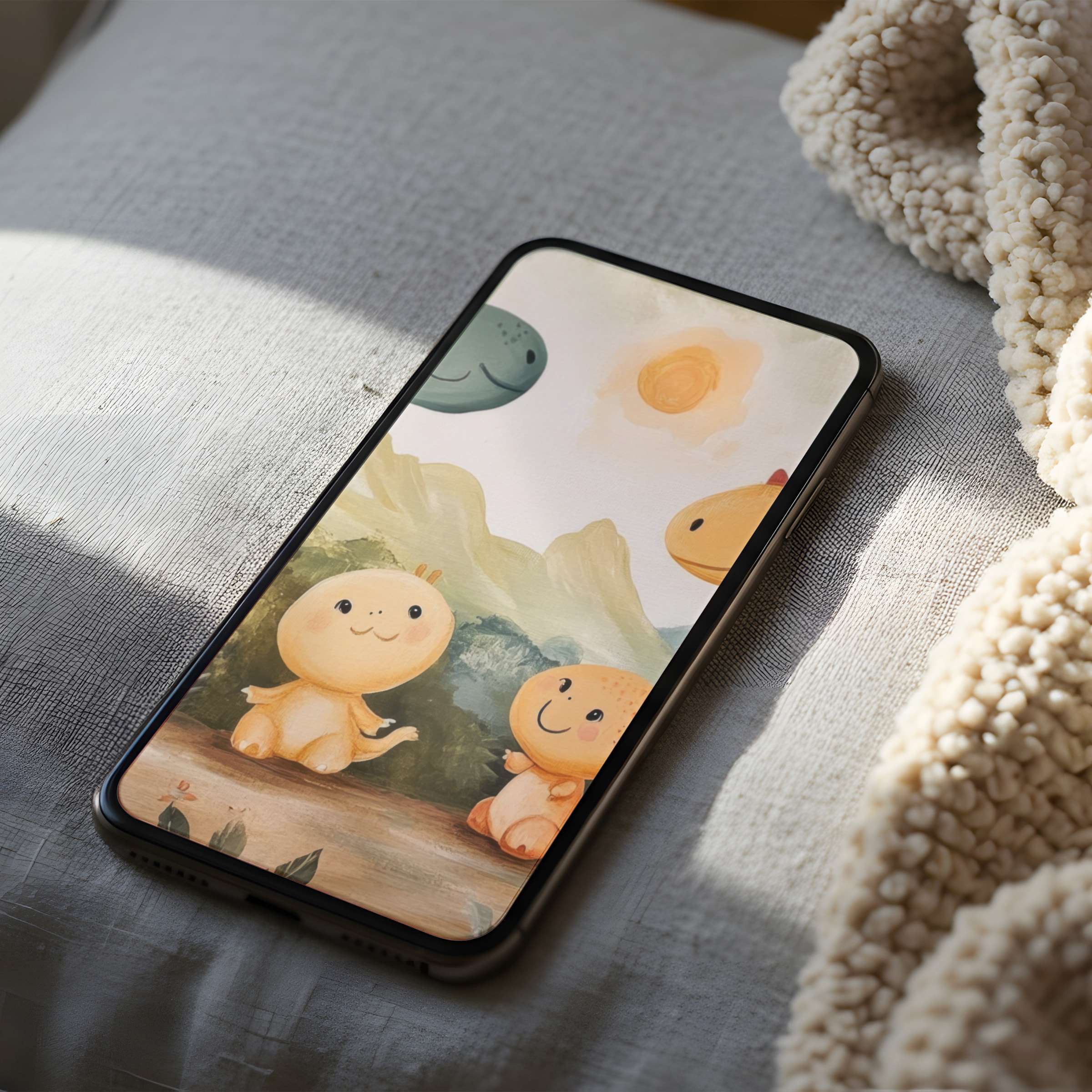 Calm your mind with a cheerful phone wallpaper featuring playful creatures under a serene sky; a high-resolution digital download suitable for iPhone and Android phones