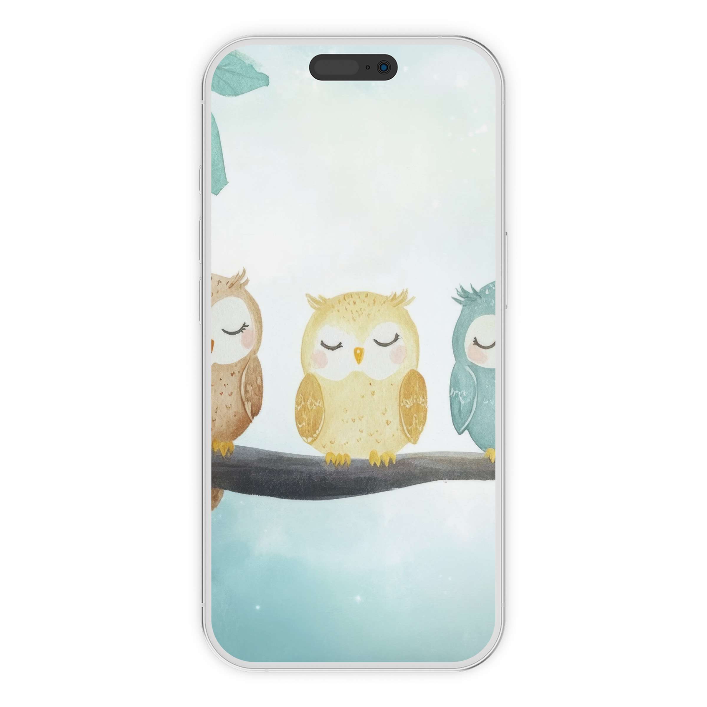 Calming nursery iPhone wallpaper featuring serene watercolor owls on a branch for phone background digital download suitable for all devices