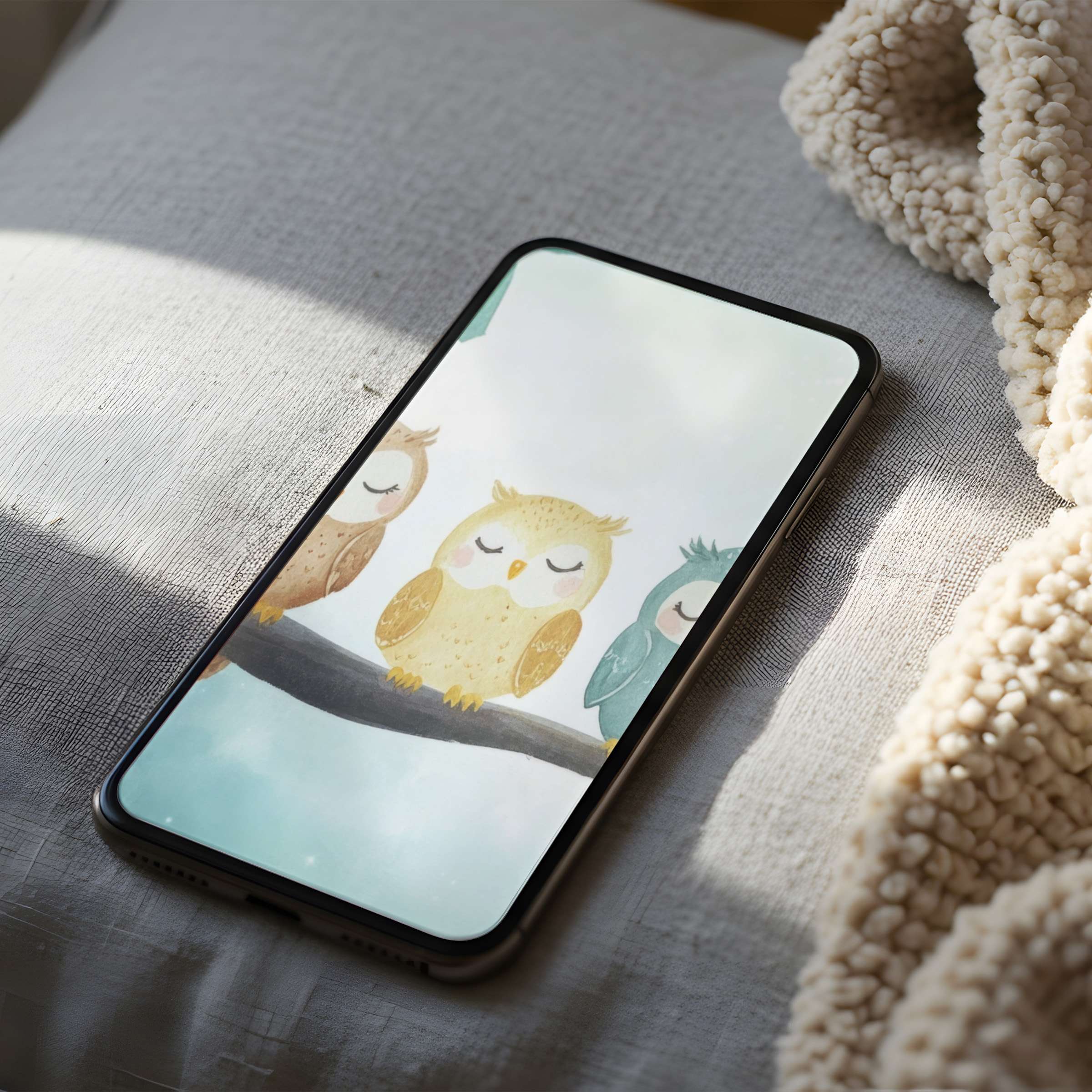 Charming watercolor owls create a calming phone wallpaper, perfect for high-resolution iPhone or Android screens, offering peaceful digital downloads