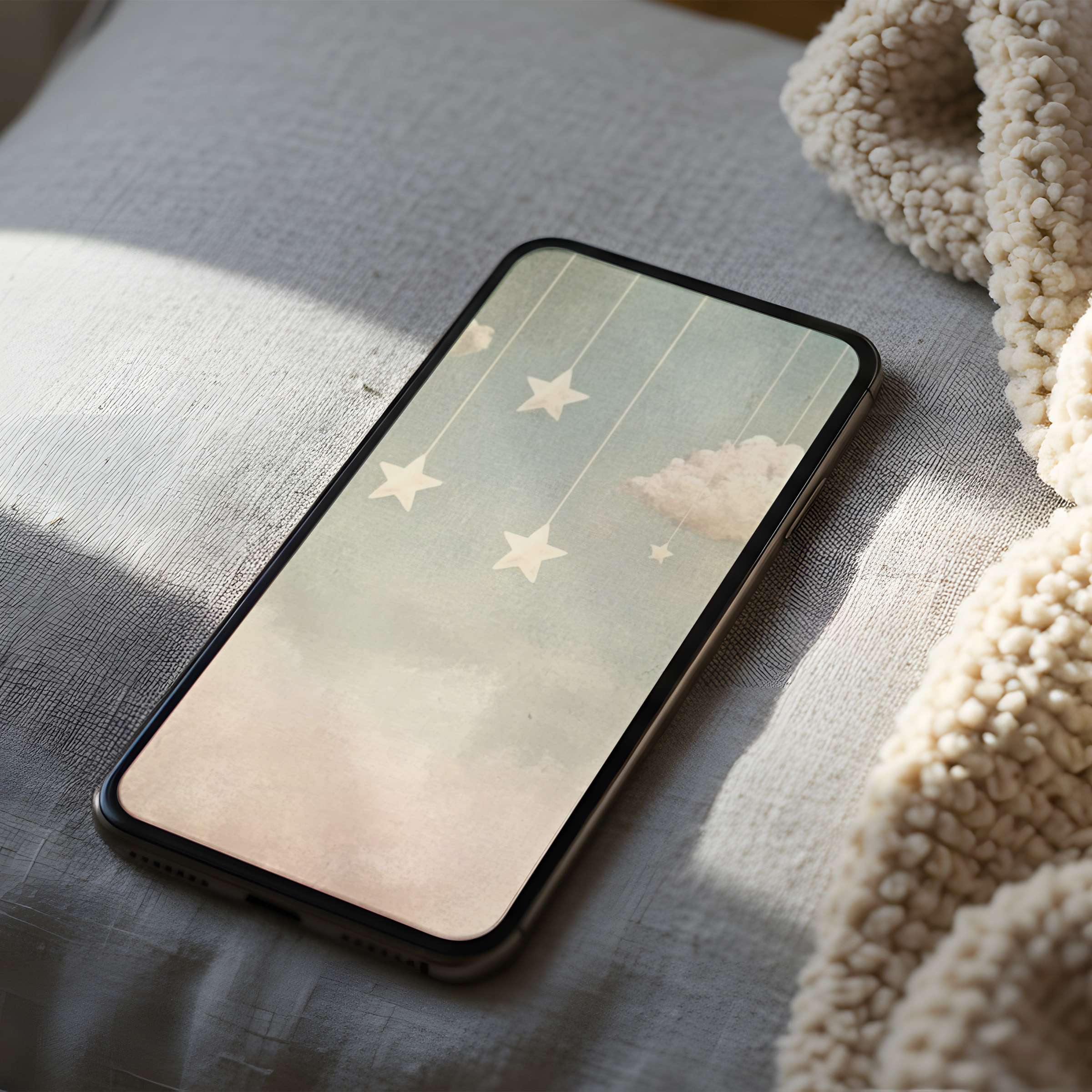 Elegant phone wallpaper with pastel sky, stars, and floating clouds, perfect for iPhone and Android digital download, high resolution