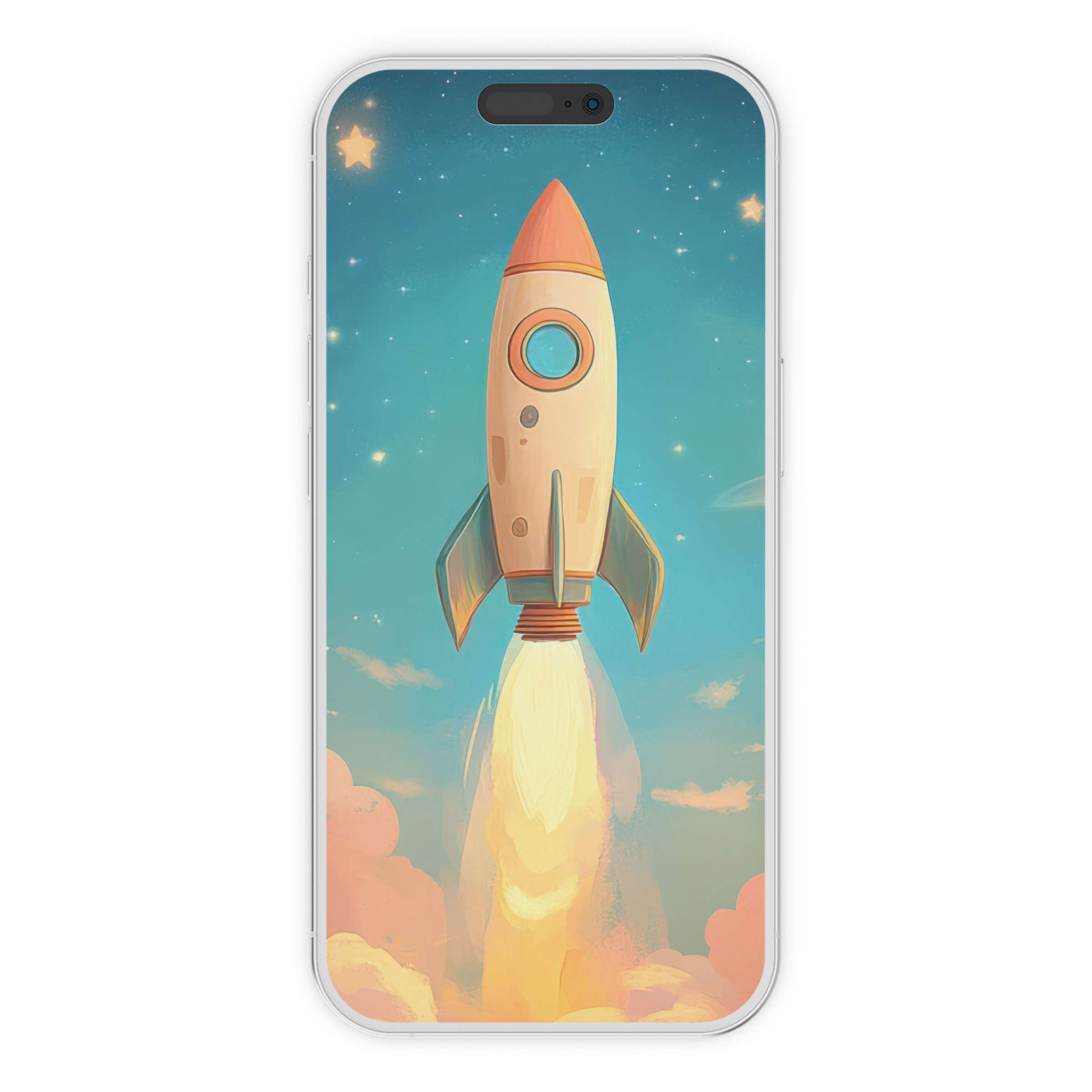 Retro rocket nursery iPhone wallpaper with pastel sky phone background perfect digital download for calming artistic inspiration