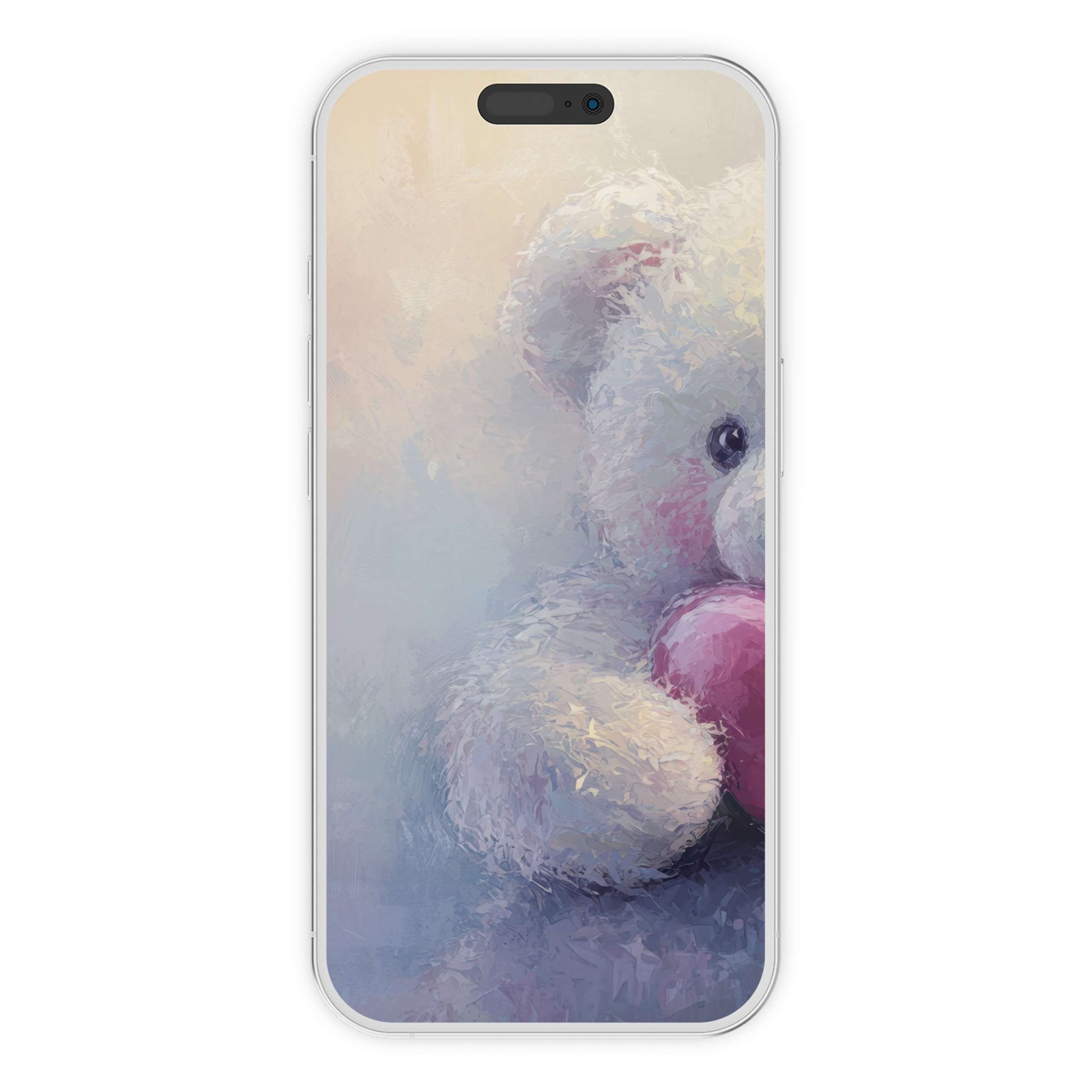 Charming nursery iPhone wallpaper featuring a fluffy bear with pastel hues offers a digital download for serene phone backgrounds
