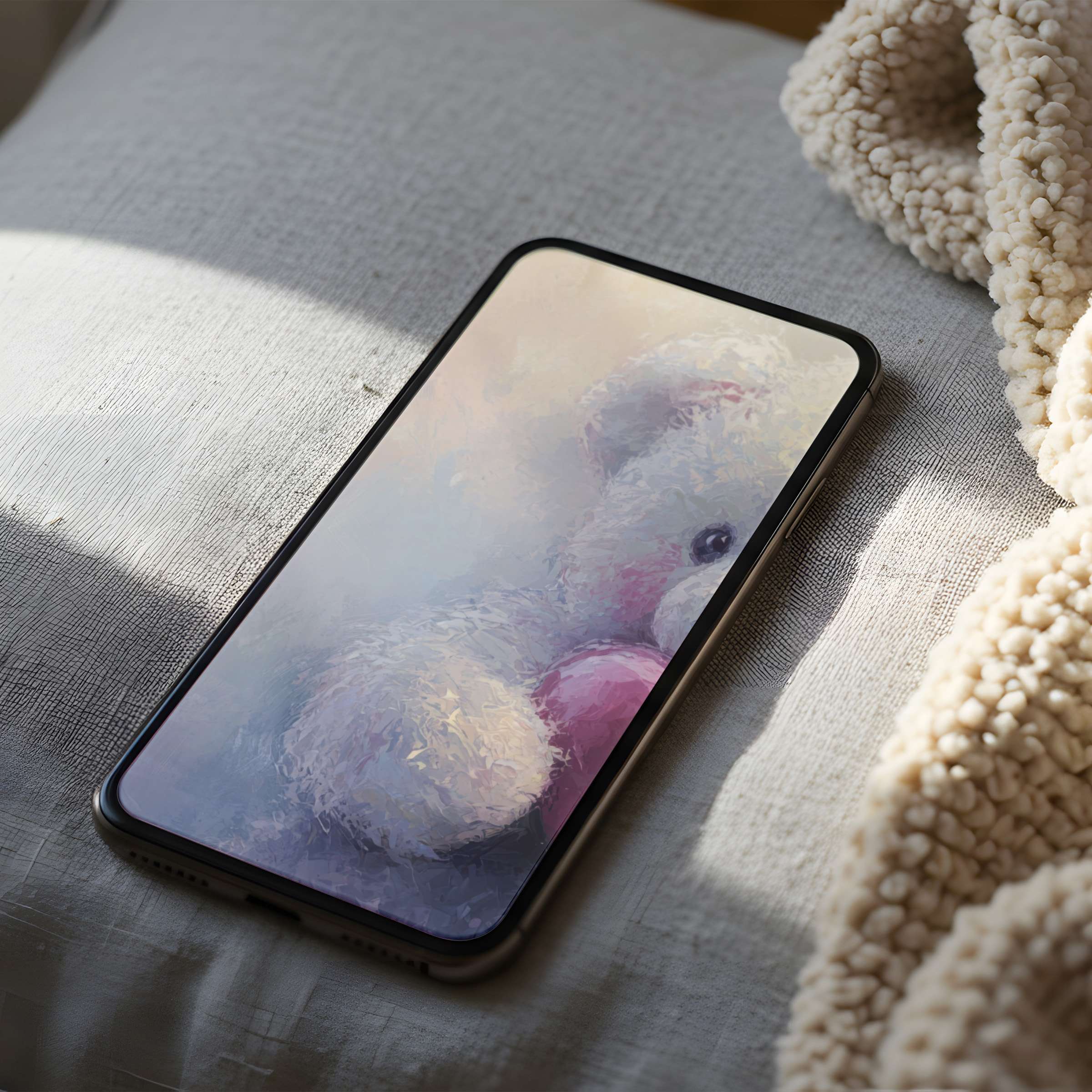 Elegant phone wallpaper featuring a soft teddy bear painting on an iPhone, adding warmth and serenity to any setting, perfect for digital download
