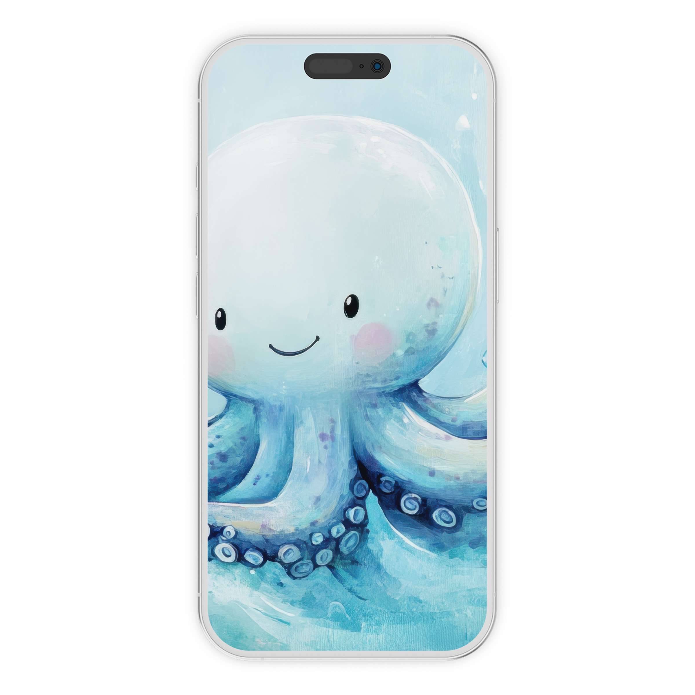 Charming nursery iPhone wallpaper of a smiling octopus in soothing blue tones offers an elegant digital download background for your phone