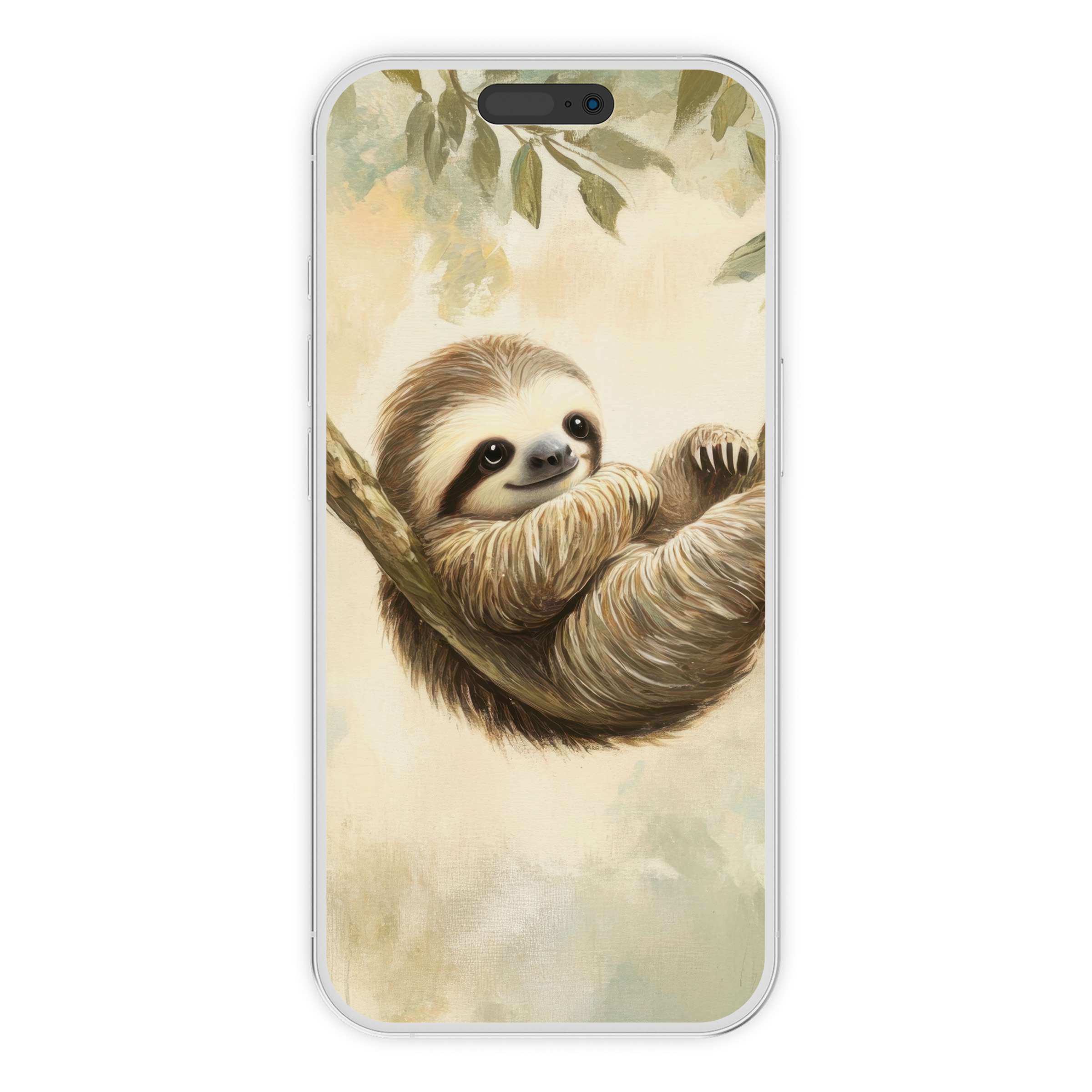 Gentle sloth nestled in soft hues for a nursery iPhone wallpaper; perfect digital download phone background for calming vibes