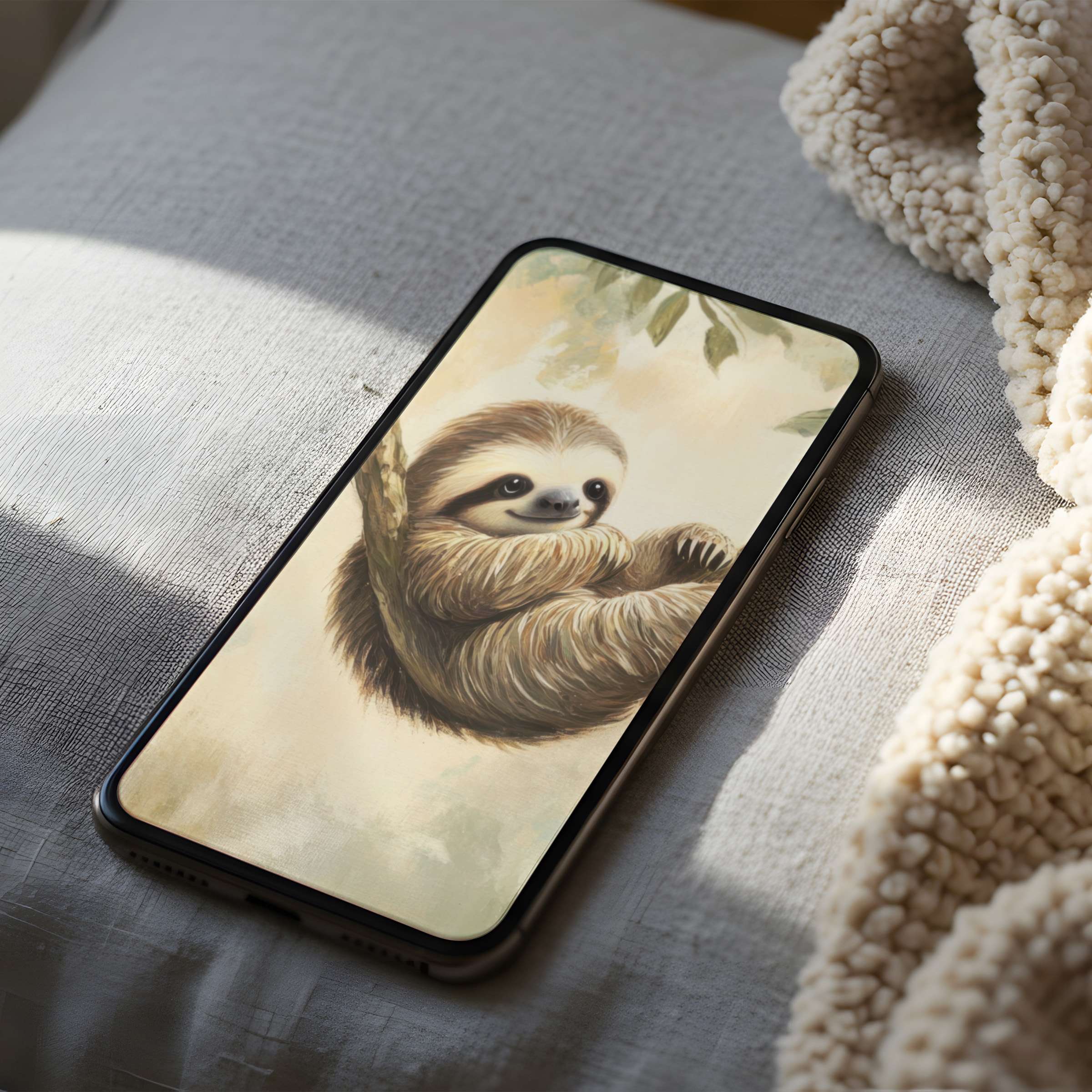 Sloth-themed phone wallpaper in soft earth tones offers a serene high-resolution digital download for iPhone and Android users seeking tranquility