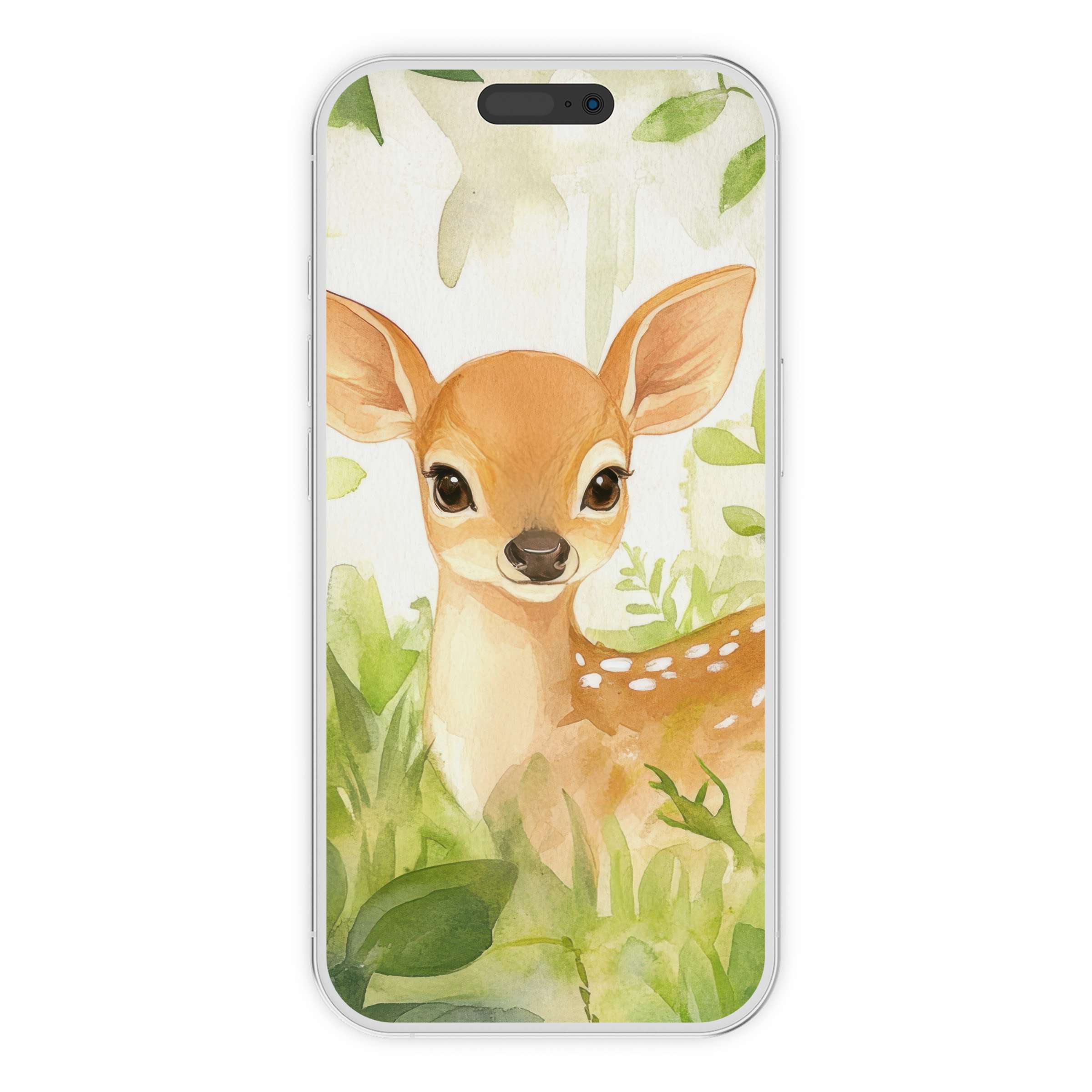 Serene watercolor deer amidst lush greens creates an enchanting nursery iPhone wallpaper phone background; perfect digital download for tranquility