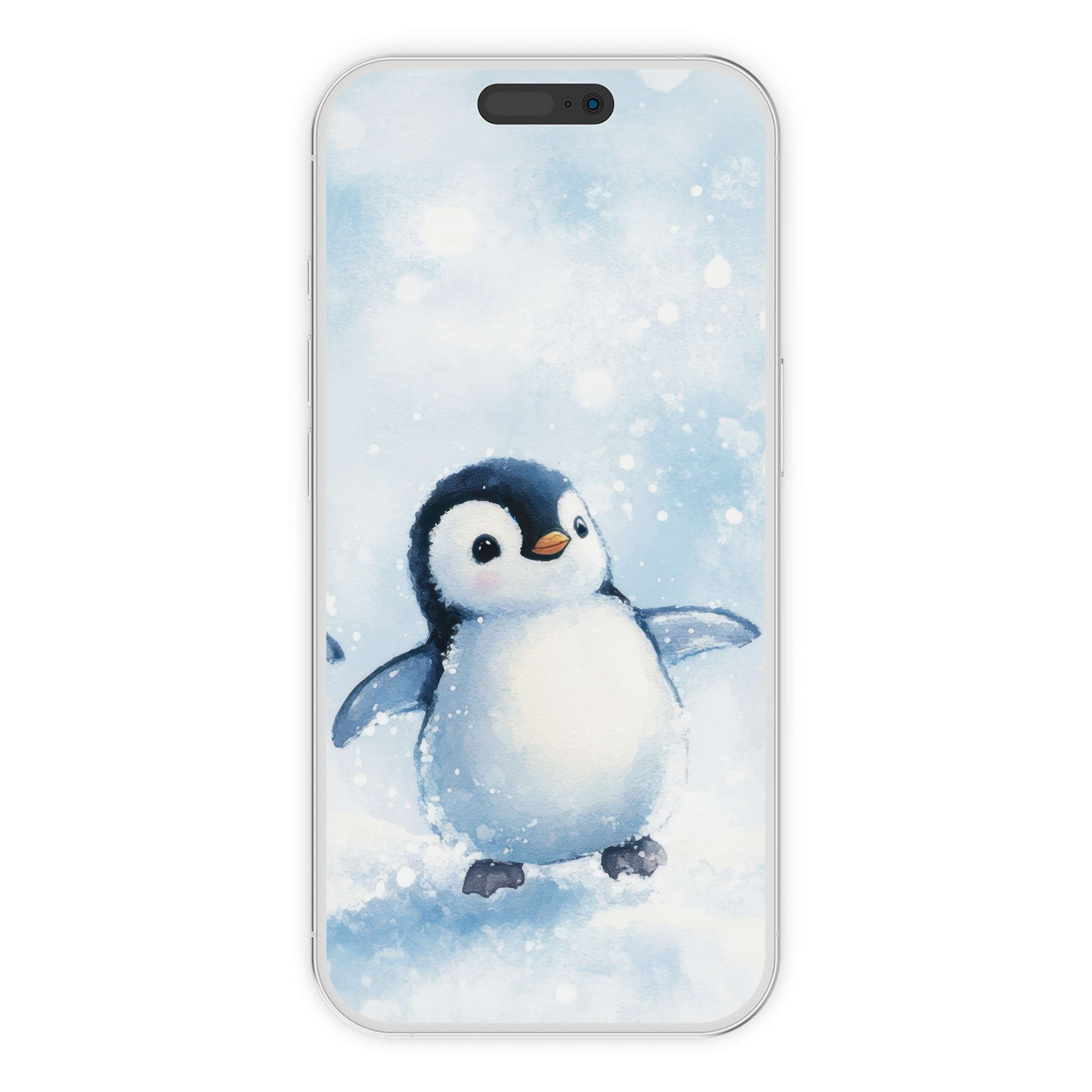 Charming nursery iPhone wallpaper featuring a whimsical penguin with soft blue snow, perfect digital download for serene phone background