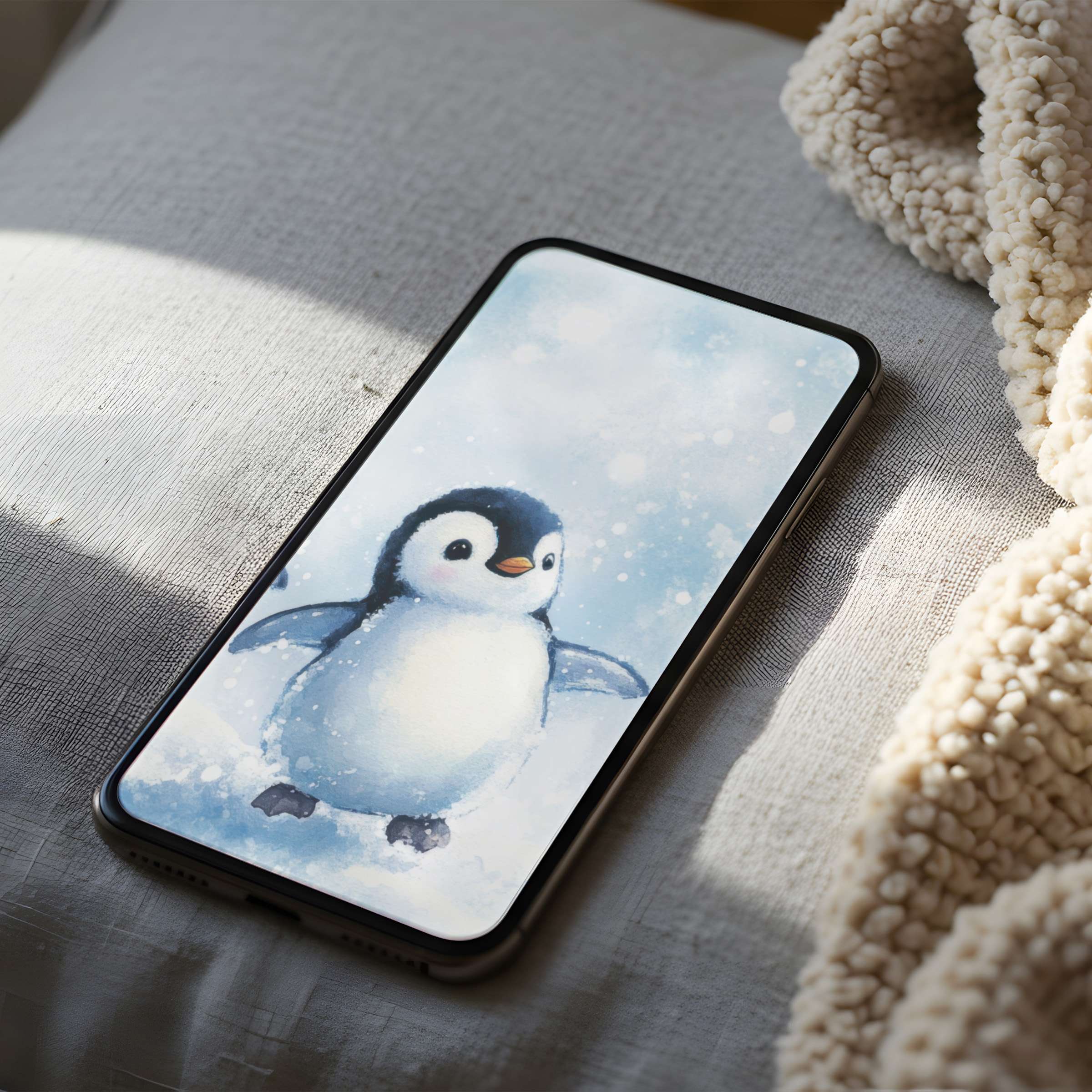 Charming penguin phone wallpaper in soft blues and whites, ideal for iPhone and android phones, offering a serene digital download