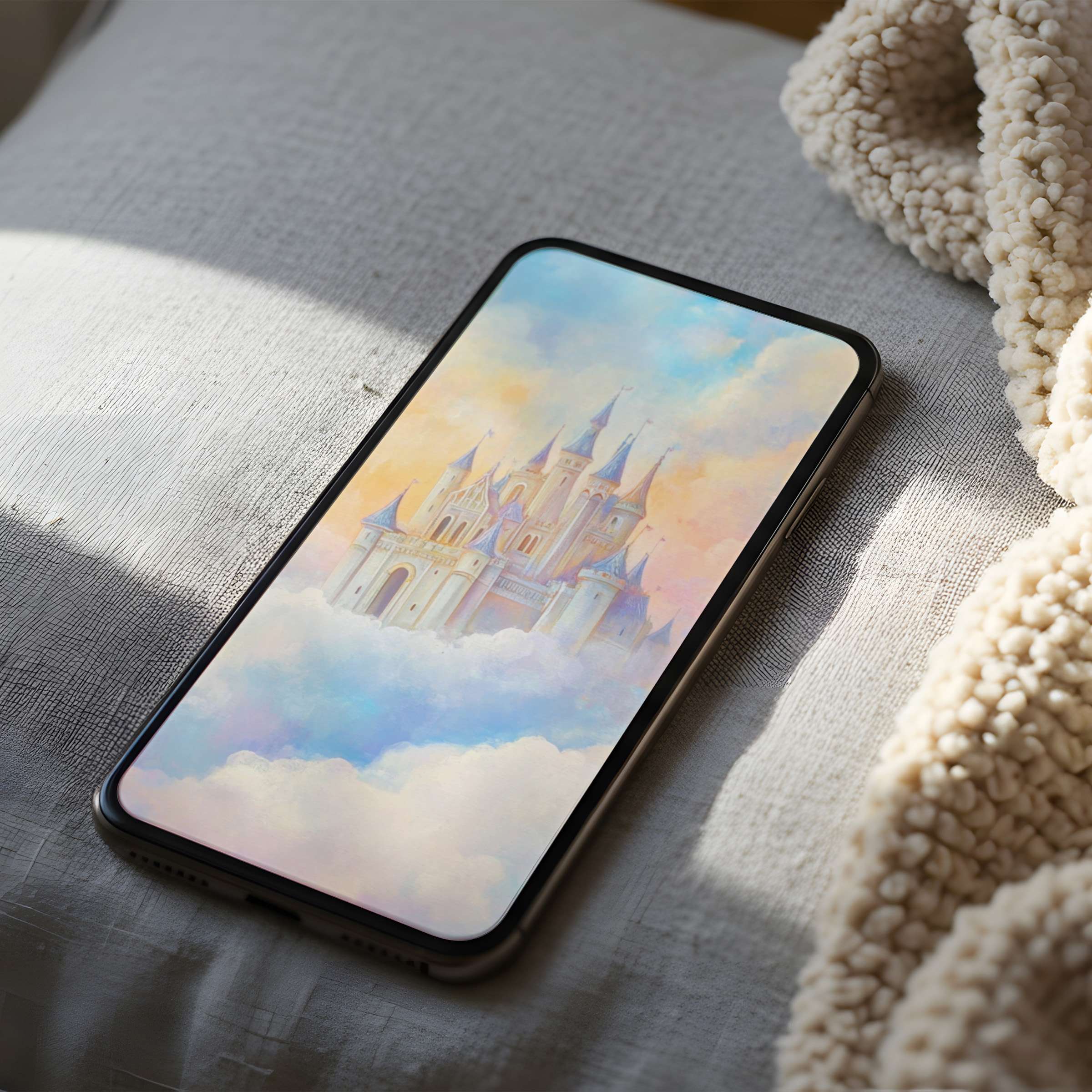 Elegant castle phone wallpaper with soft pastel hues evokes tranquility, suitable for iPhone and Android, high resolution digital download
