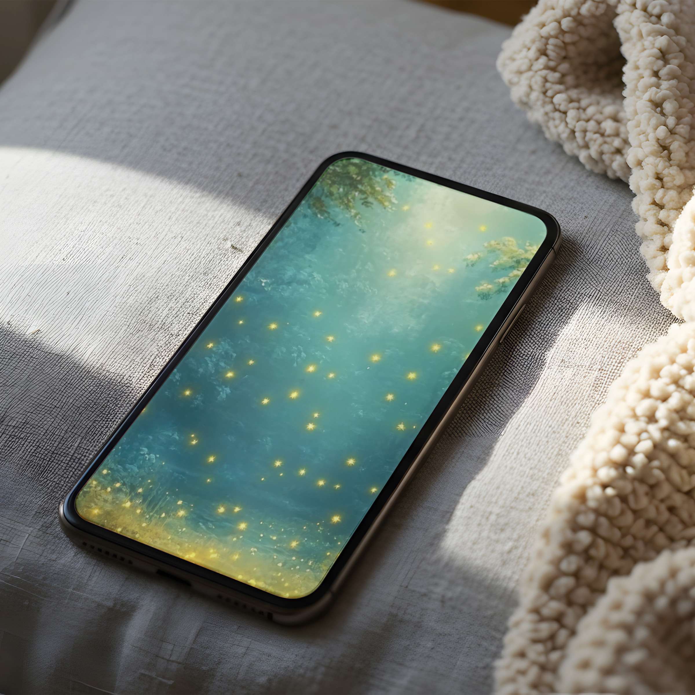 Dreamy phone wallpaper with glowing fireflies on a serene blue background offers elegant high-resolution design for iPhone or Android