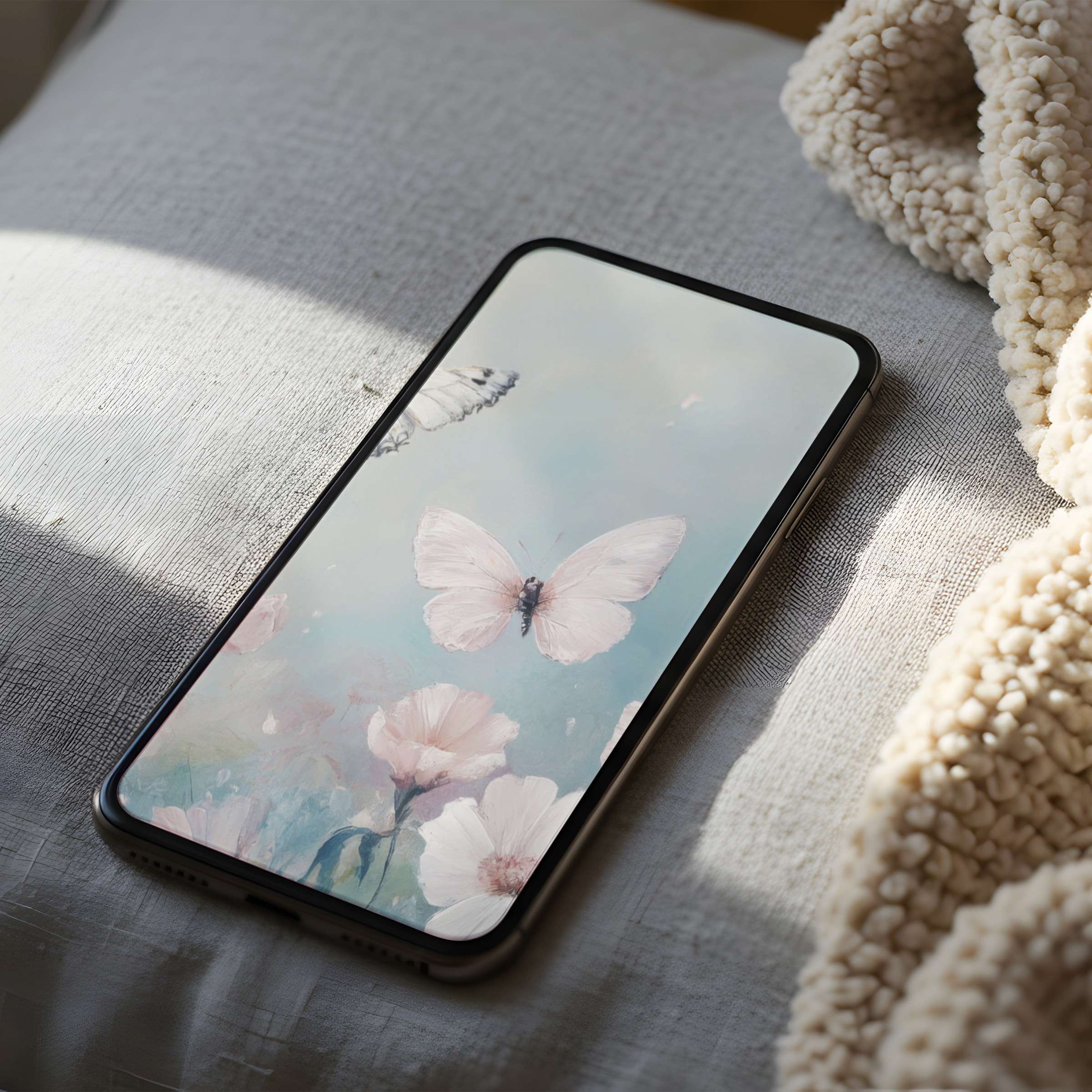 Elegant phone wallpaper featuring delicate butterflies and pink blossoms, ideal for iPhone and Android digital downloads, enhancing tranquility