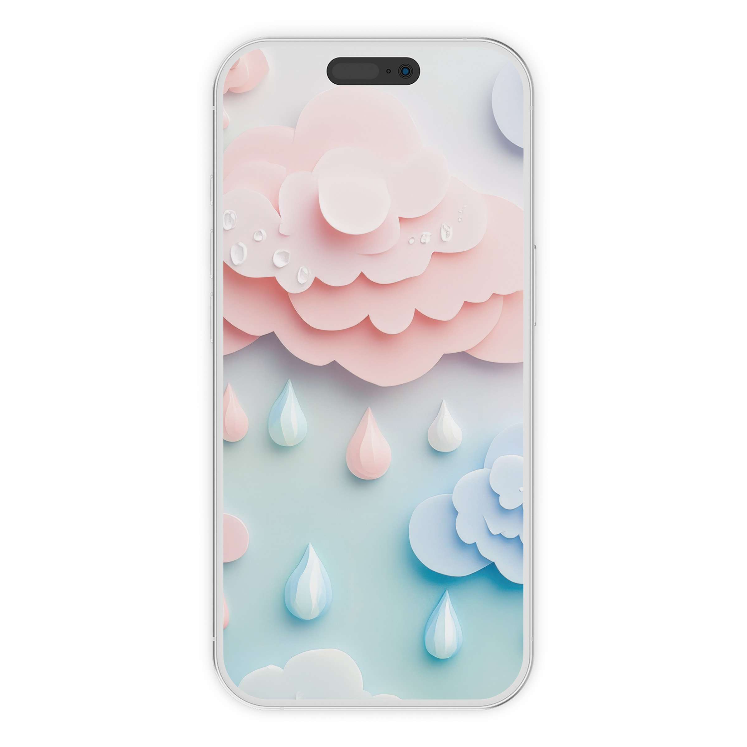 Soft pastel clouds and raindrops in this nursery iPhone wallpaper create a serene digital download phone background for all devices