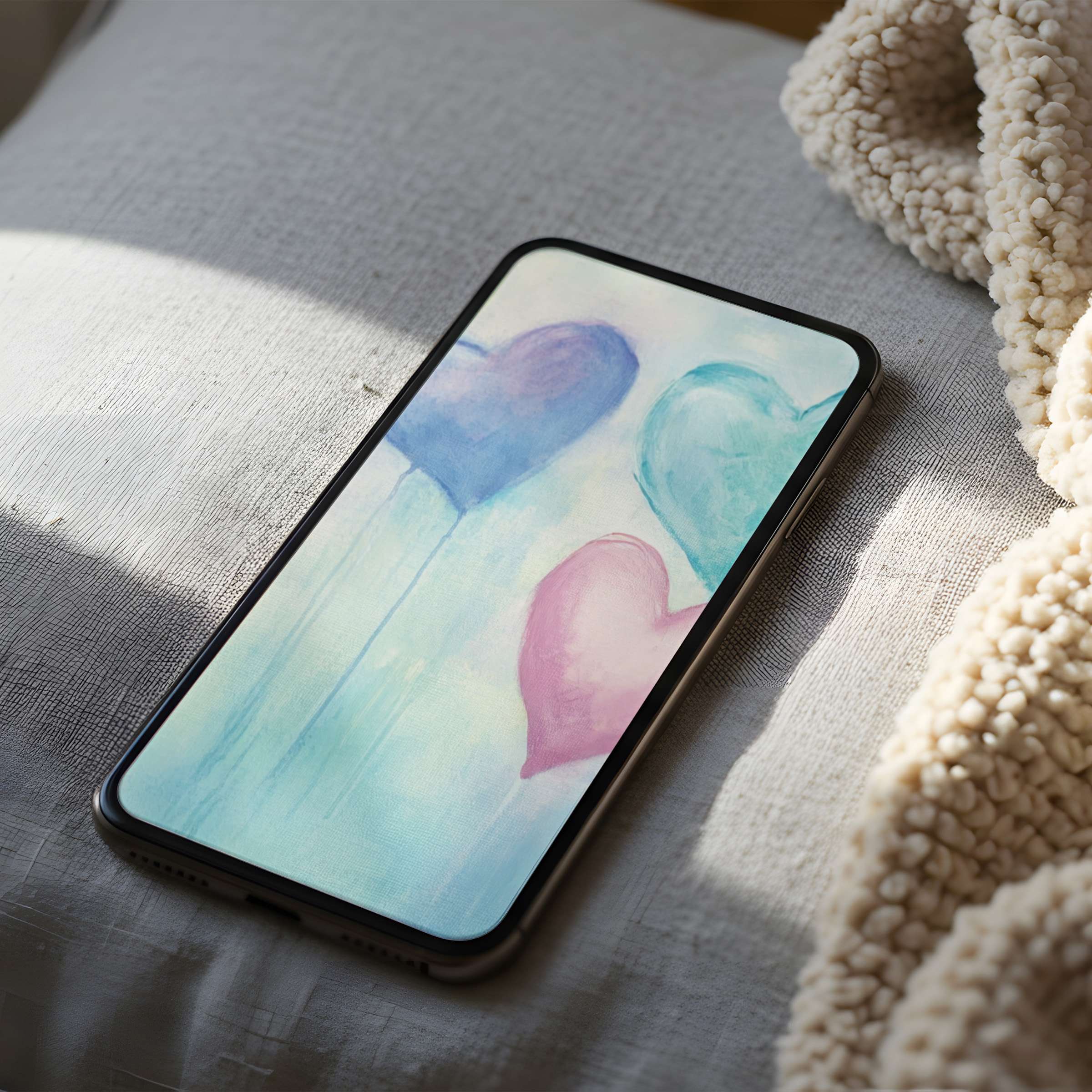 Romantic watercolor heart design phone wallpaper in soothing pastel tones for iPhone and Android digital download adds calm elegance