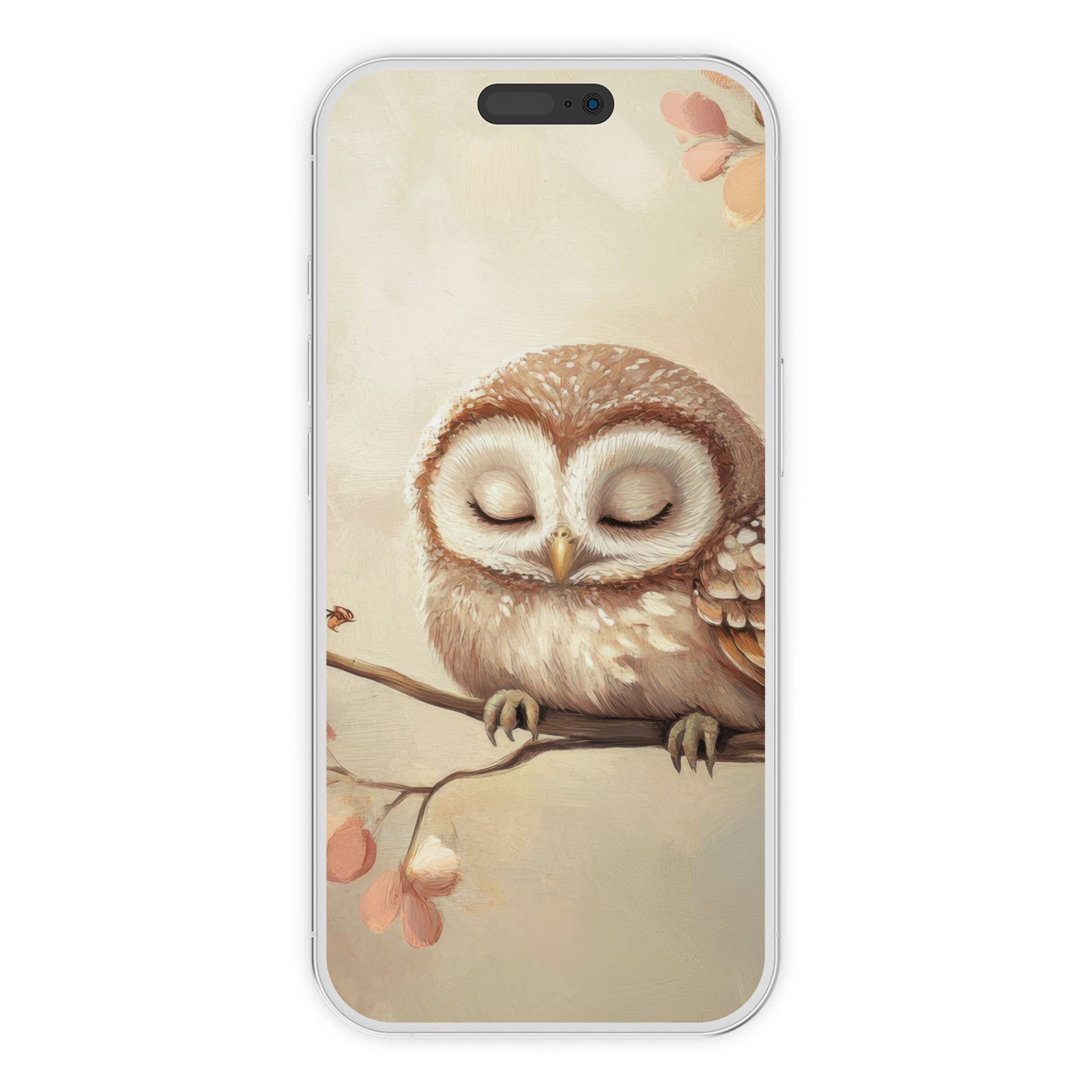 Gentle owl resting on branch in soft pastels for nursery iPhone wallpaper phone background digital download serene artistic nature