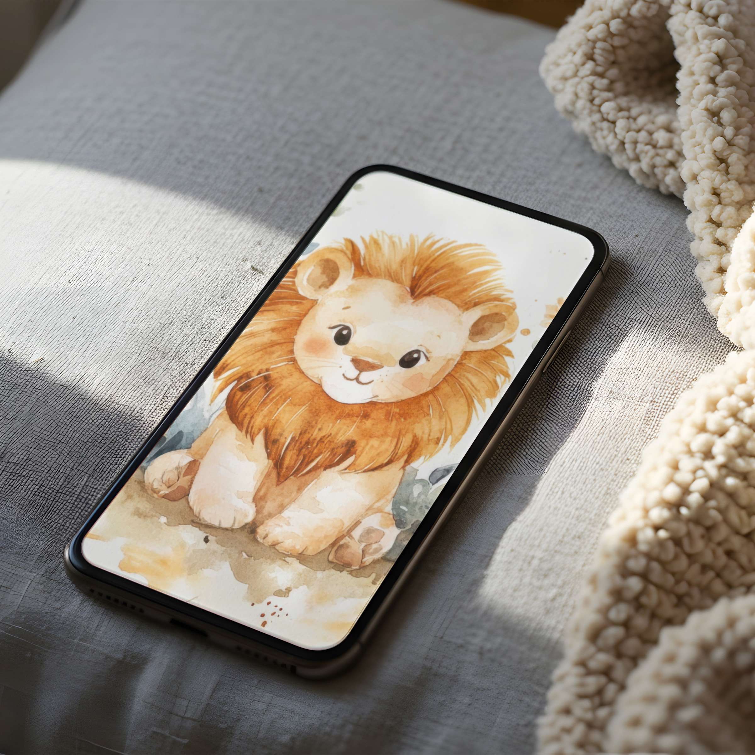 Delight in a high-resolution phone wallpaper featuring a watercolor lion cub, perfect for calming iPhone and Android screens digitally