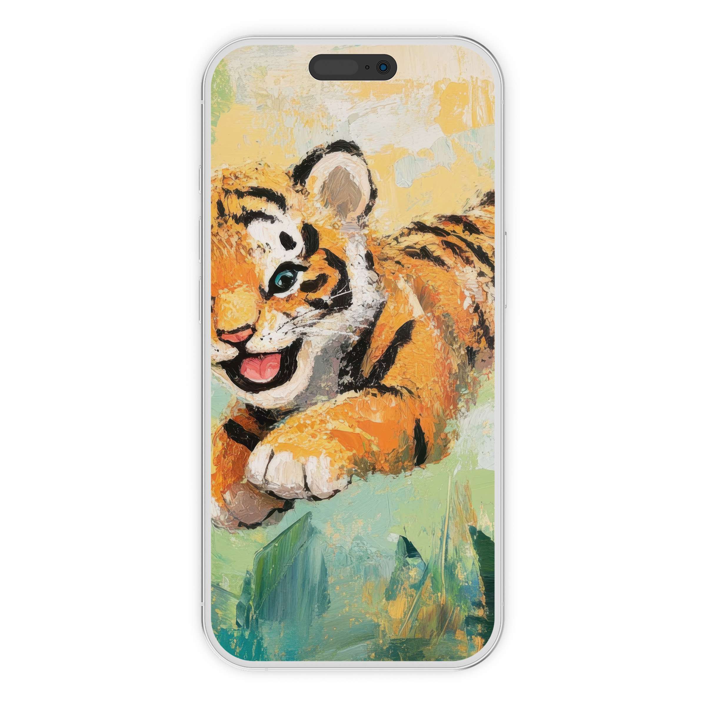 Inspire joy with this vibrant nursery iPhone wallpaper featuring a playful tiger cub, perfect digital download for phone backgrounds