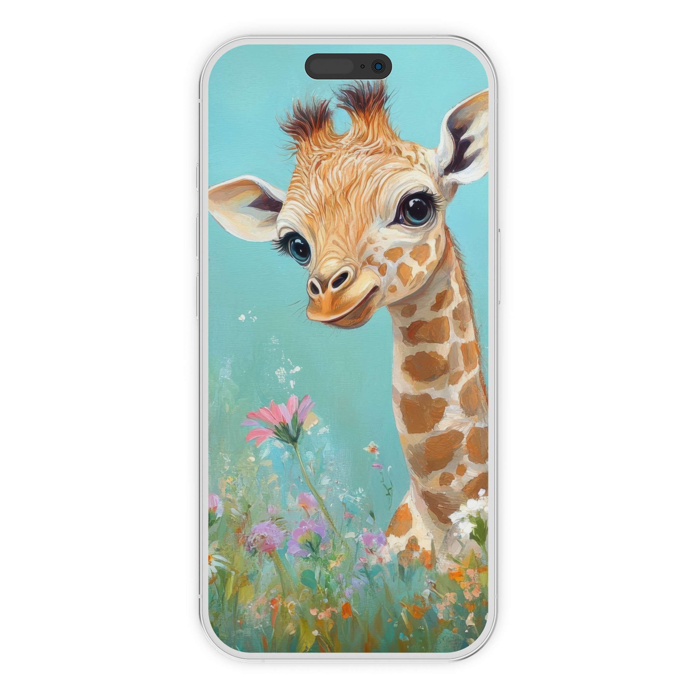 Charming nursery iPhone wallpaper featuring a gentle giraffe in pastel blooms, perfect phone background digital download for serene spaces