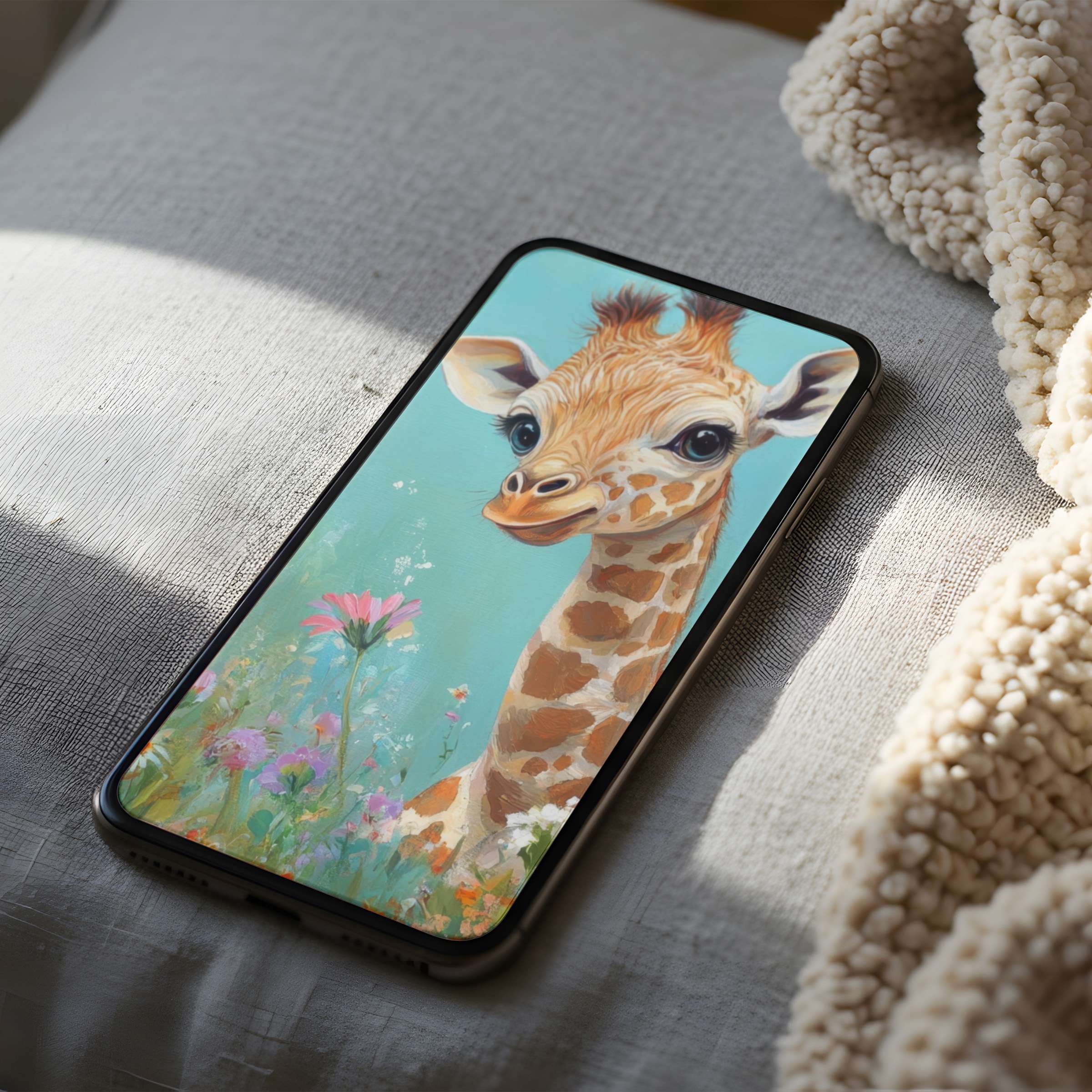 Charming giraffe phone wallpaper with soft pastels and floral accents adds a serene touch to iPhone screens, digital download ready