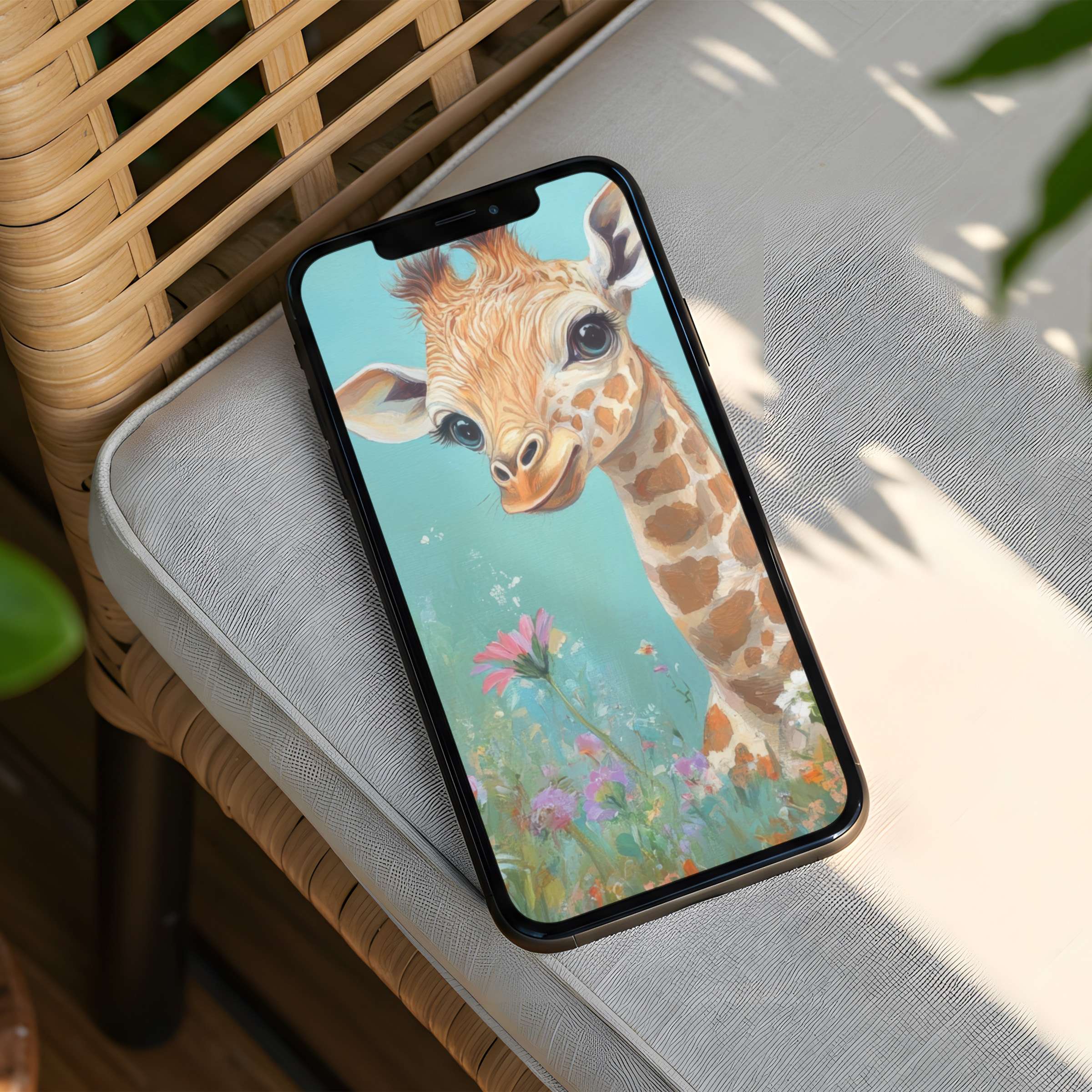 Charming giraffe iPhone background with pastel flowers evokes calm and elegance perfect for instant download on any phone