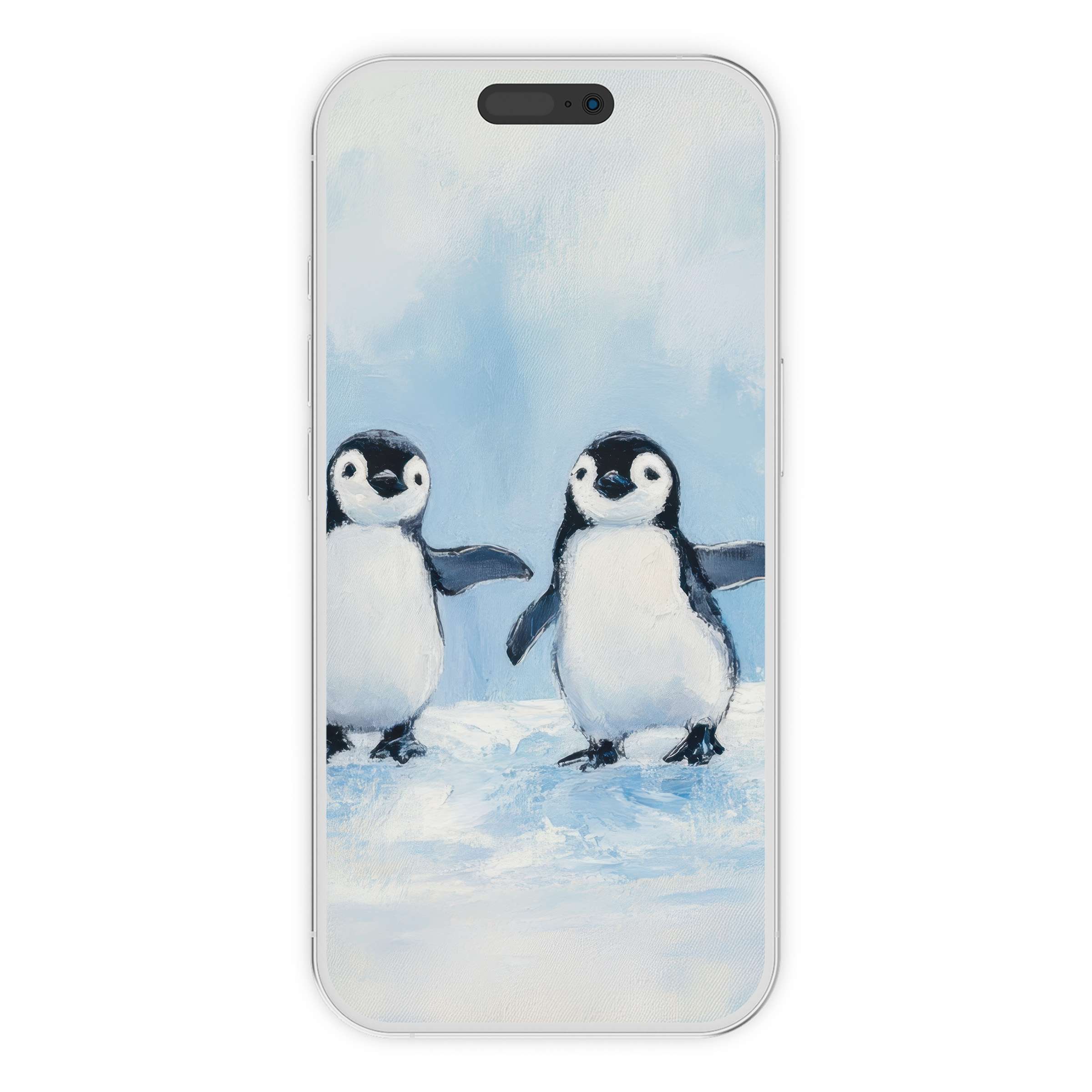 Charming penguins on an icy blue nursery iPhone wallpaper, perfect digital download for a serene phone background, eco-friendly design