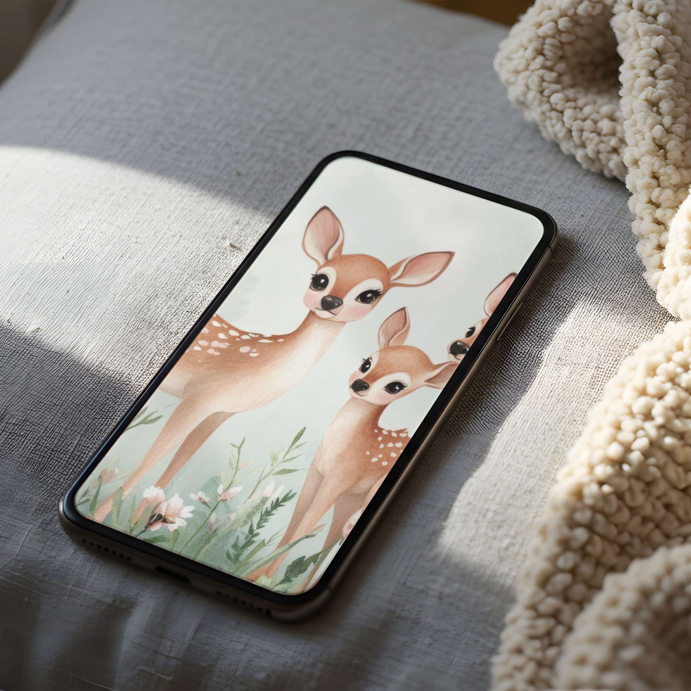 Enchanting deer phone wallpaper in soft pastel tones, blending elegance and calm, perfect for iPhone and Android, digital download
