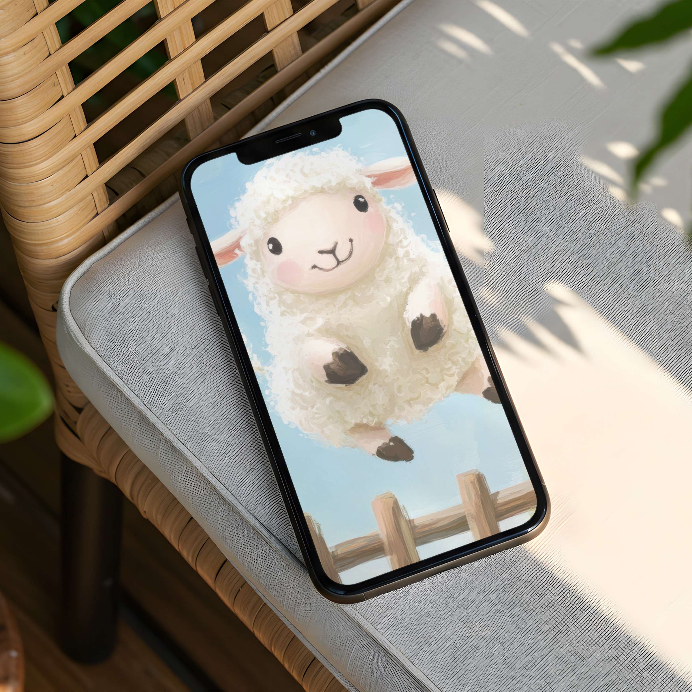 Charming fluffy lamb iPhone background on a polished phone inspires calm and elegance; instant download for serene aesthetics