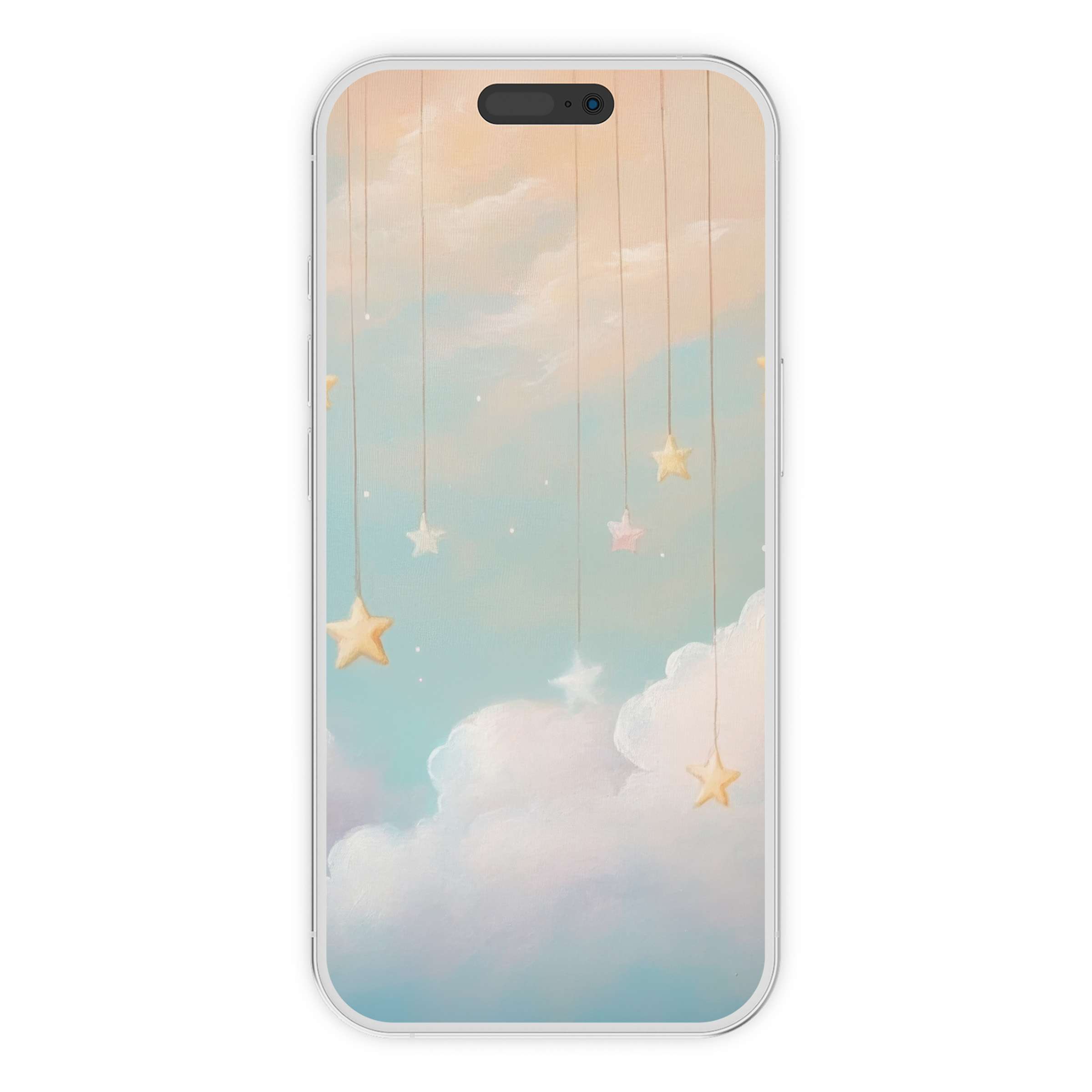 Dreamy nursery iPhone wallpaper with pastel clouds and delicate stars, creating a soothing phone background for digital download