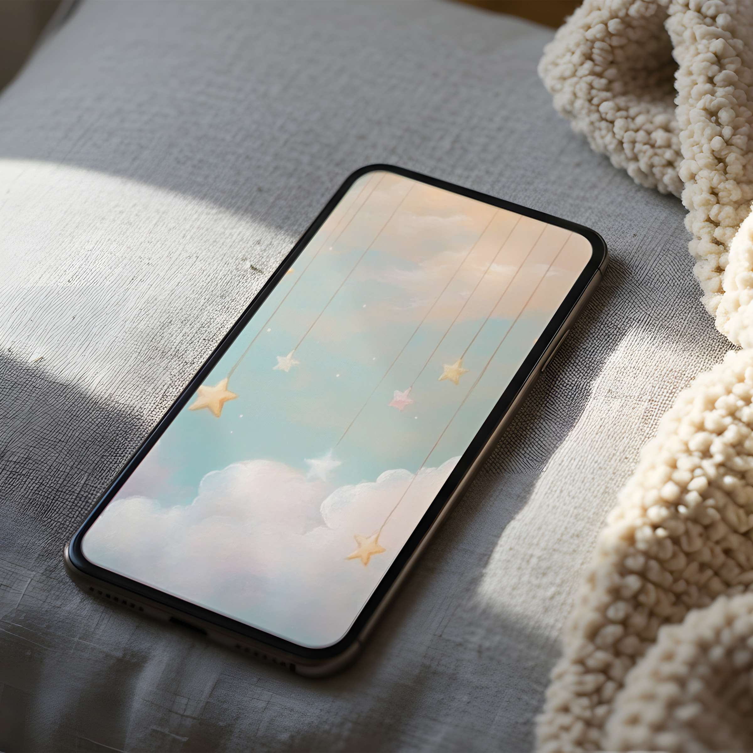 Dreamy phone wallpaper with hanging stars and clouds in pastel hues, perfect for iPhone and Android, offering serene digital art download