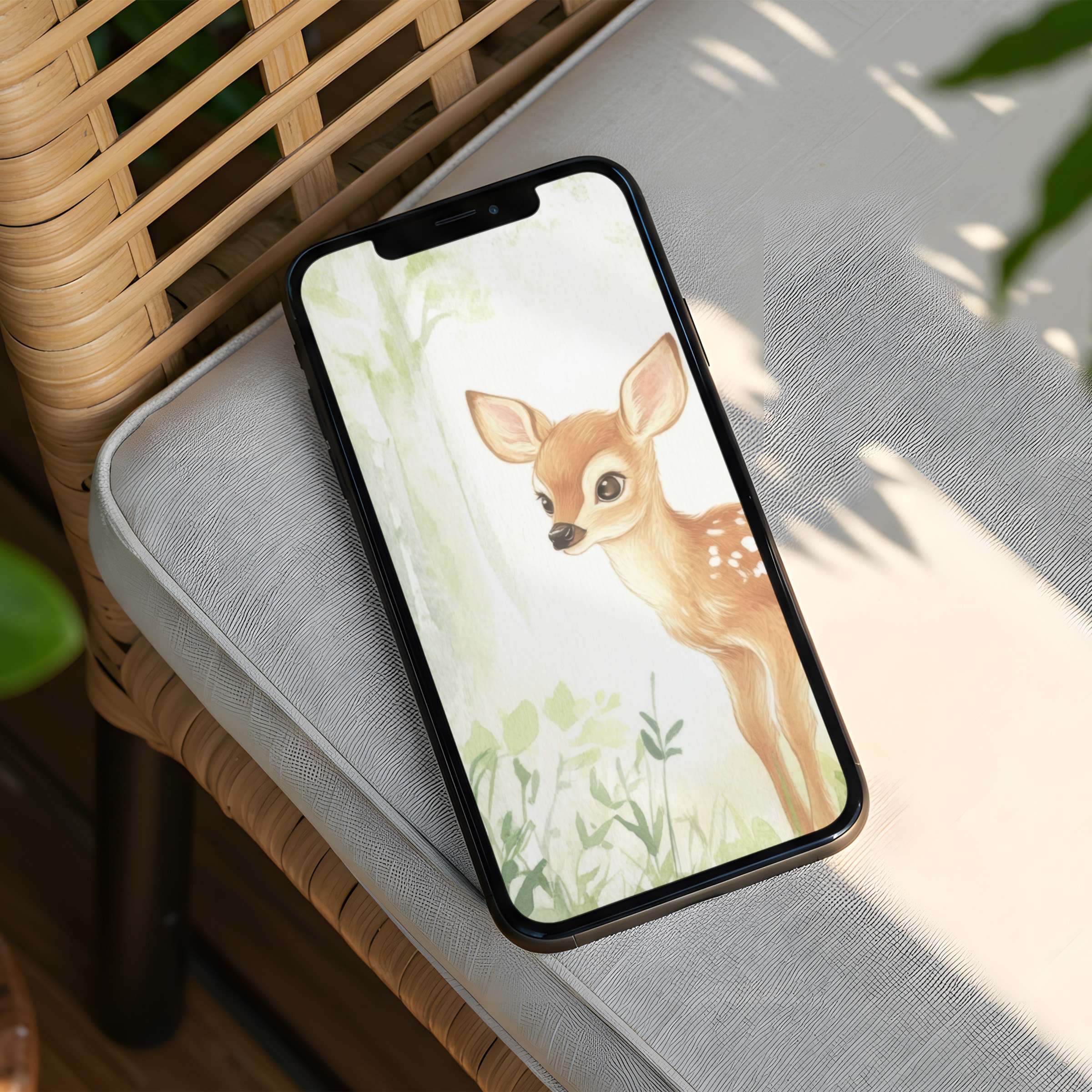 Enchanting fawn watercolor iPhone background for instant download offers calm and elegance for any phone with nature-inspired charm