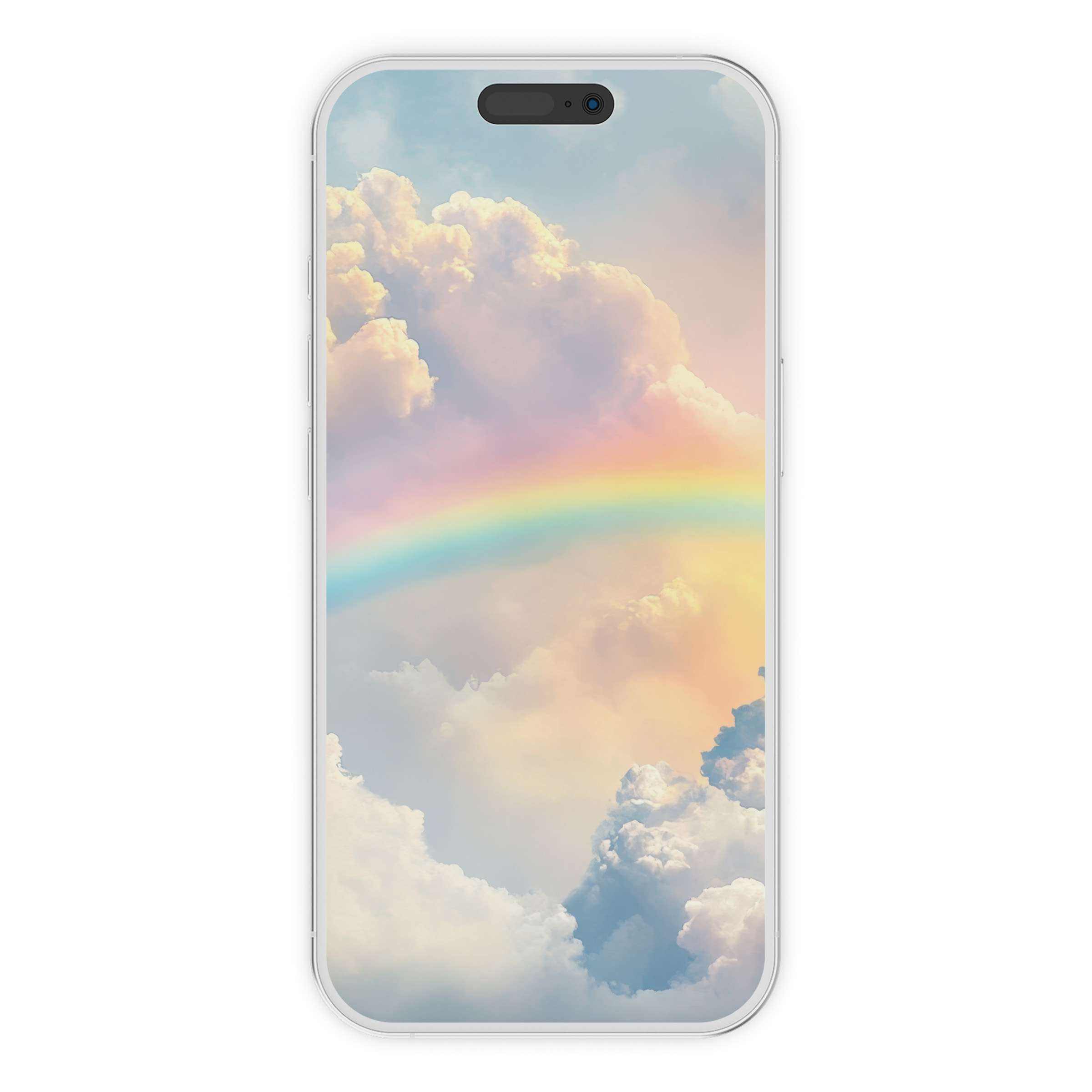 Serene nursery iPhone wallpaper with pastel clouds and a rainbow creates a dreamy digital download phone background for tranquil vibes