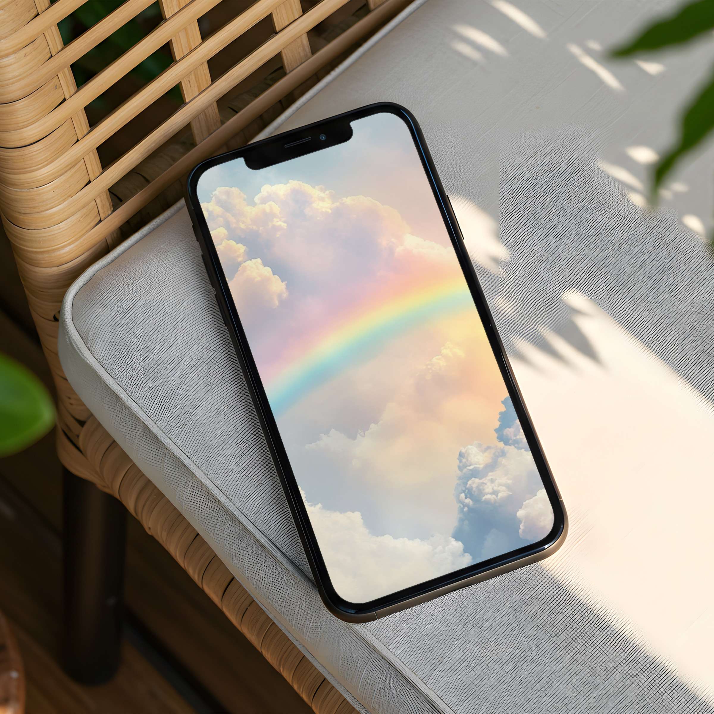 Elegant pastel clouds and a serene rainbow create a calming iPhone background for instant download on any phone device