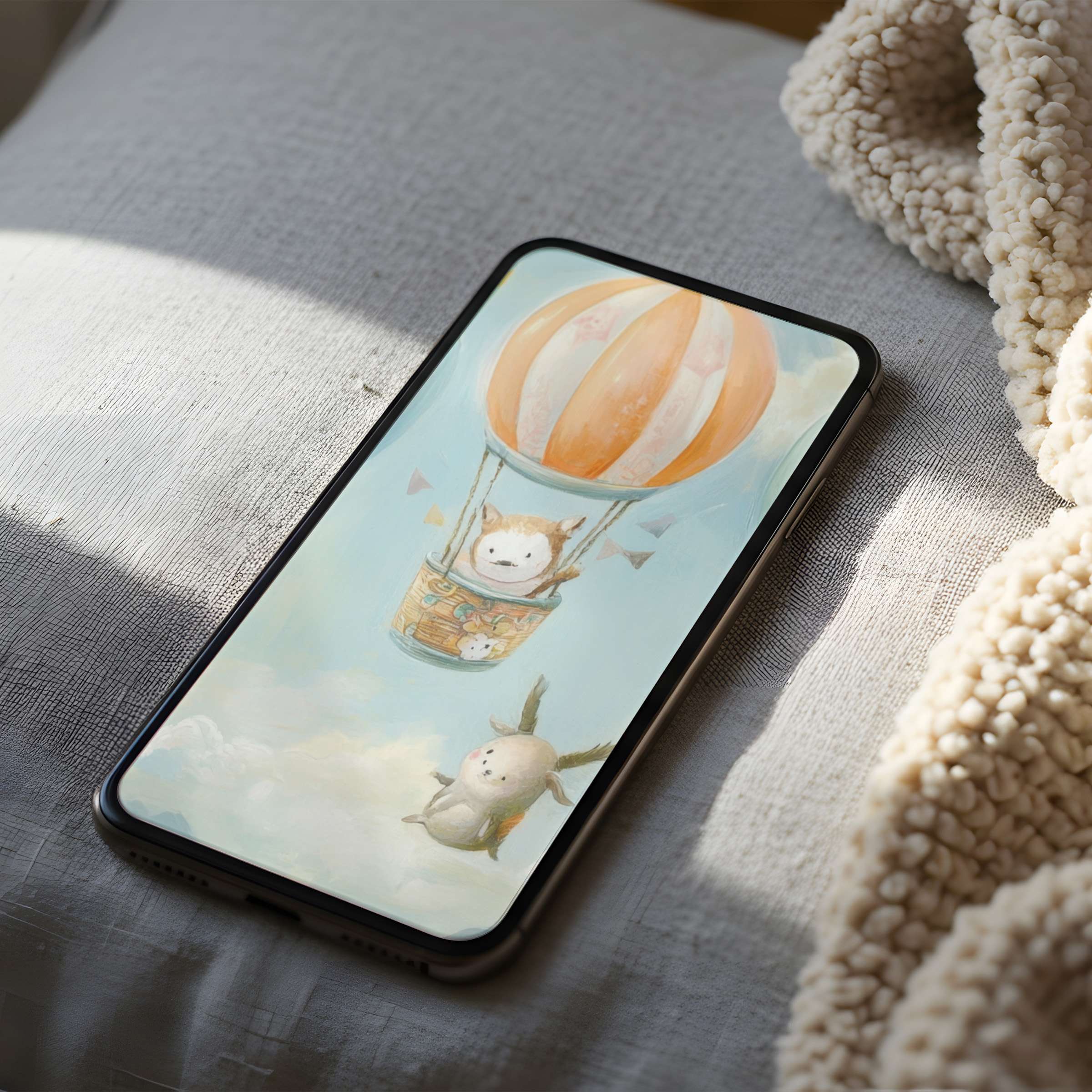 Adorable animal-themed phone wallpaper featuring a pastel hot air balloon in high resolution for iPhone and Android digital download
