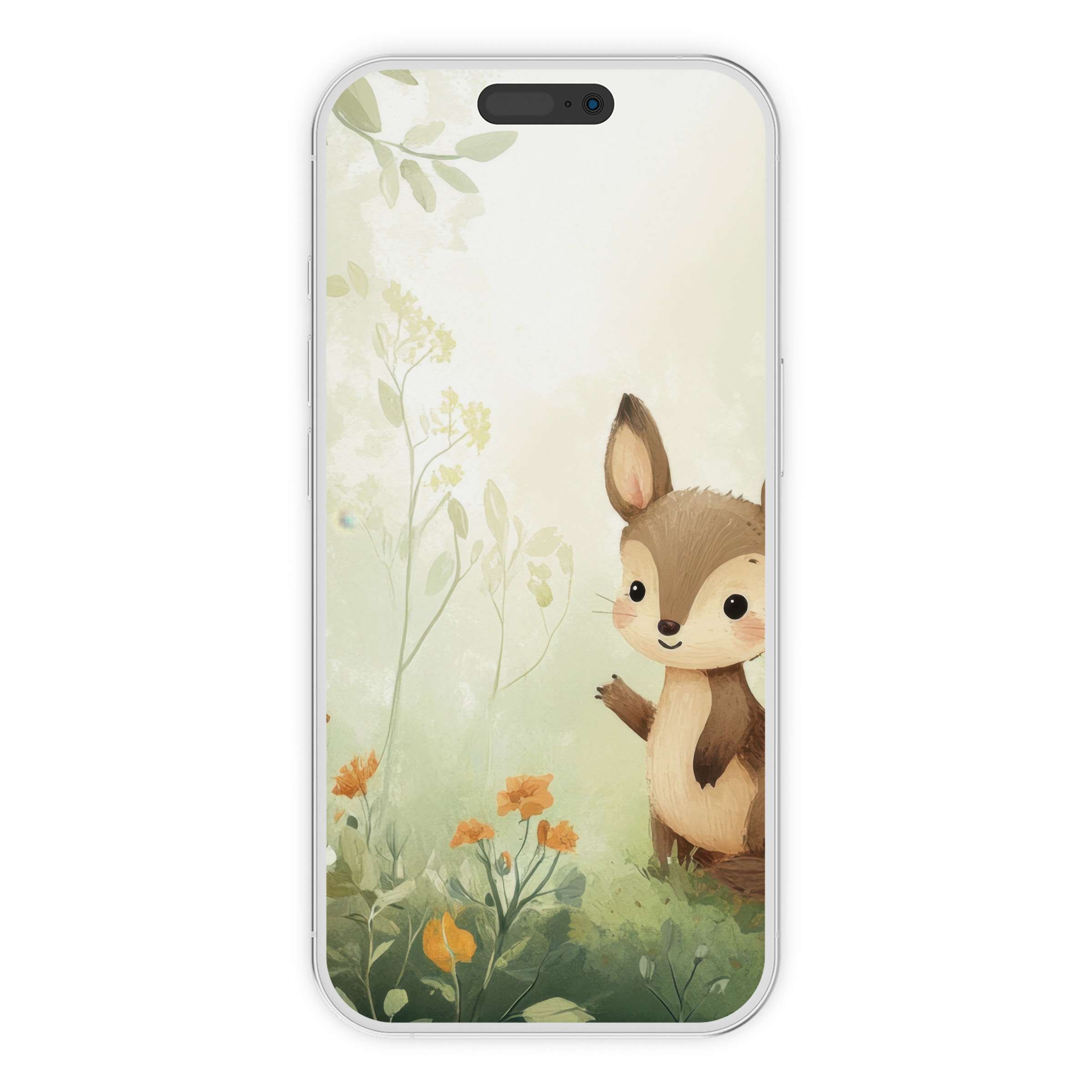 Charming nursery iPhone wallpaper digital download featuring a cute woodland creature in soft pastels, perfect phone background art