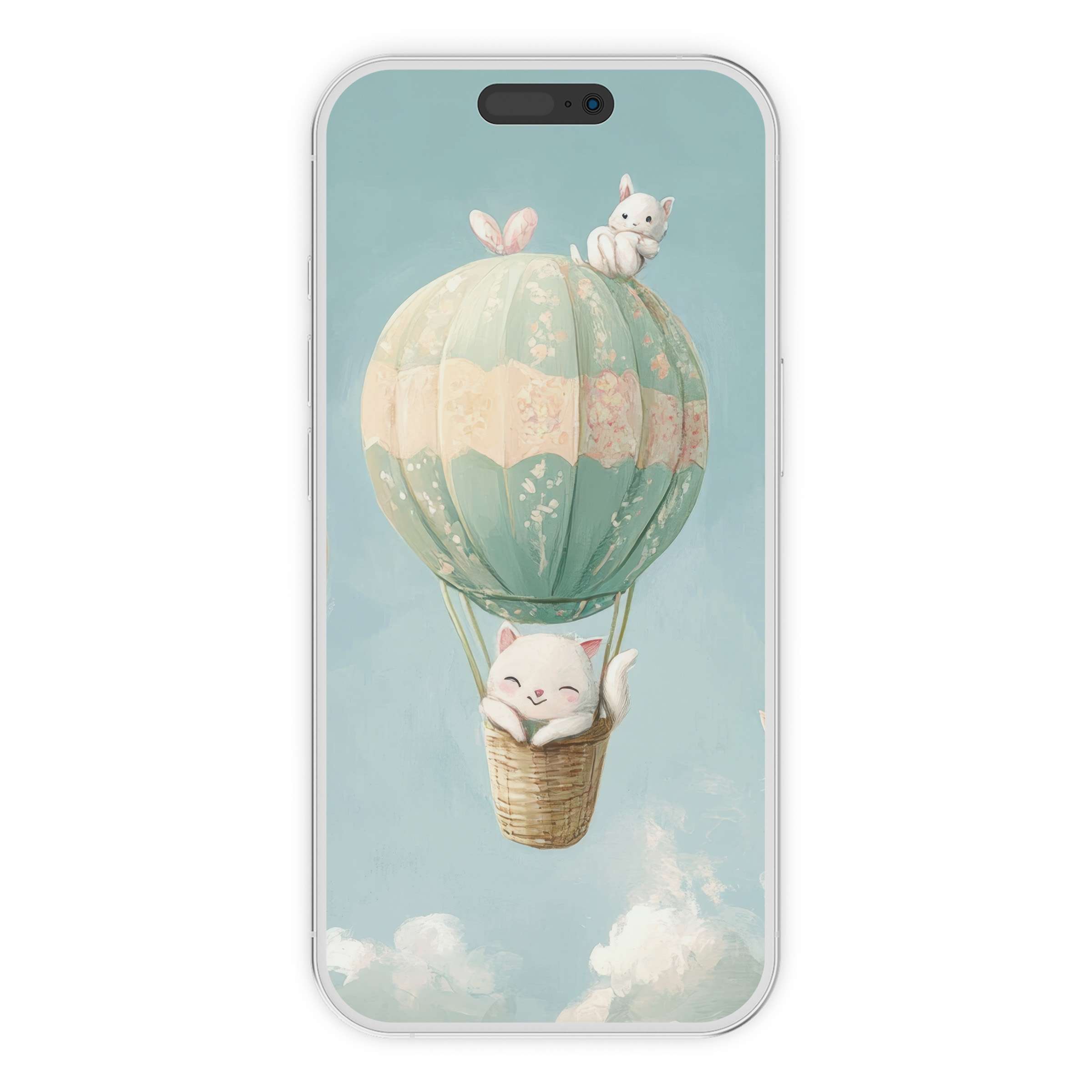 Nursery iPhone wallpaper featuring serene pastel hot air balloon and playful animals, a calming digital download phone background art