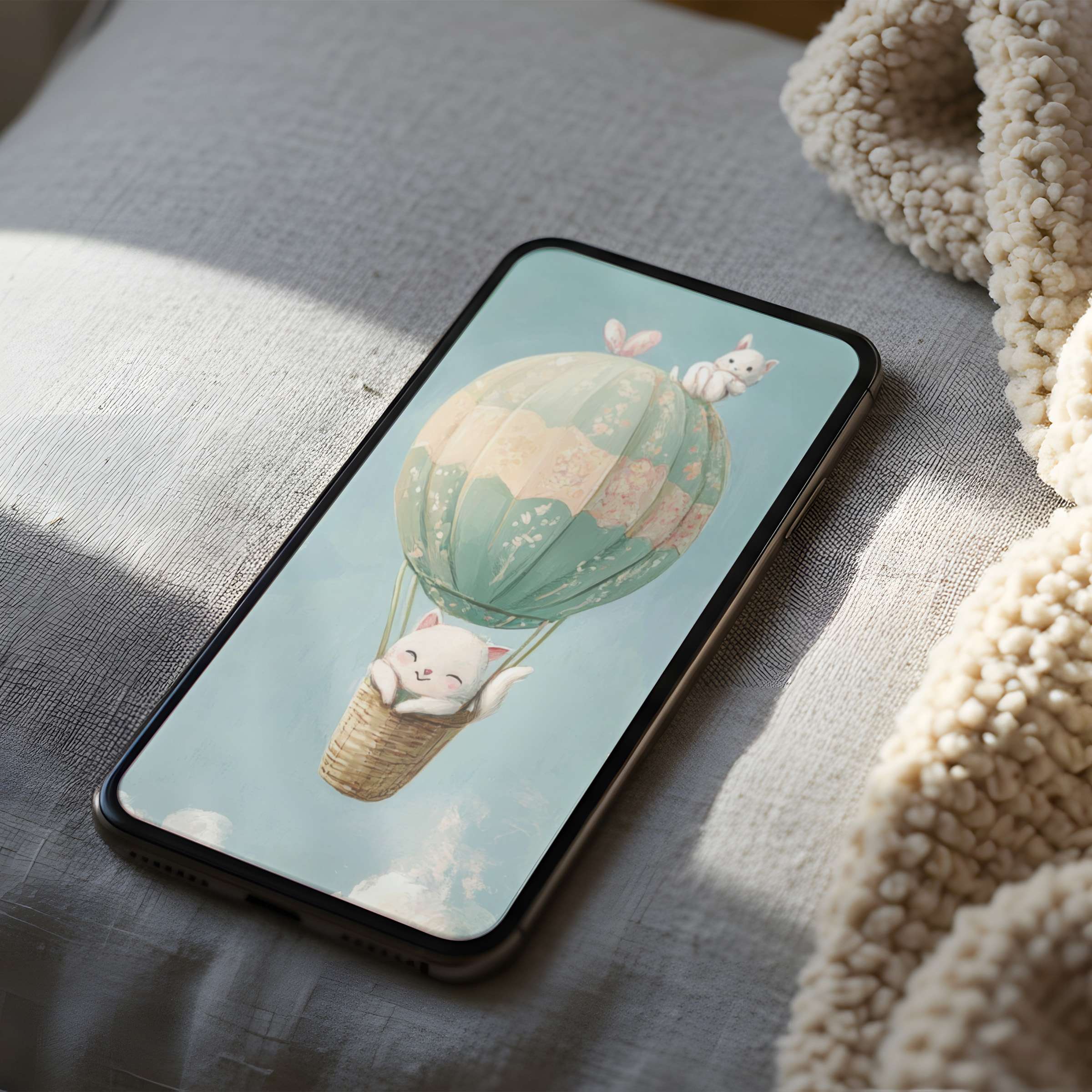 Cozy hot air balloon design phone wallpaper with dreamy pastel tones offers a serene digital art download for iPhone and Android