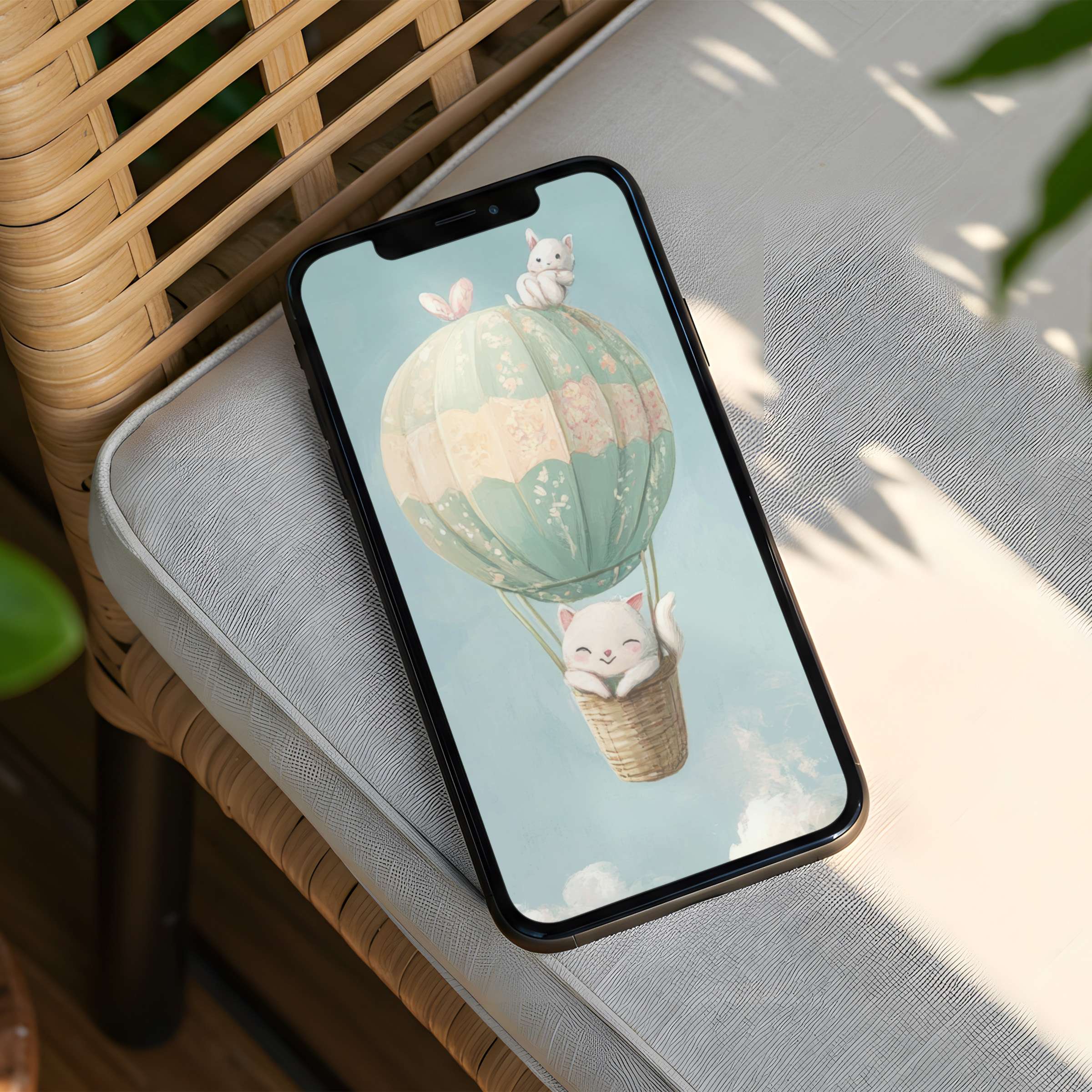 Charming cat in a balloon iPhone background offers instant download for a calm, inspiring phone aesthetic for mindful moments